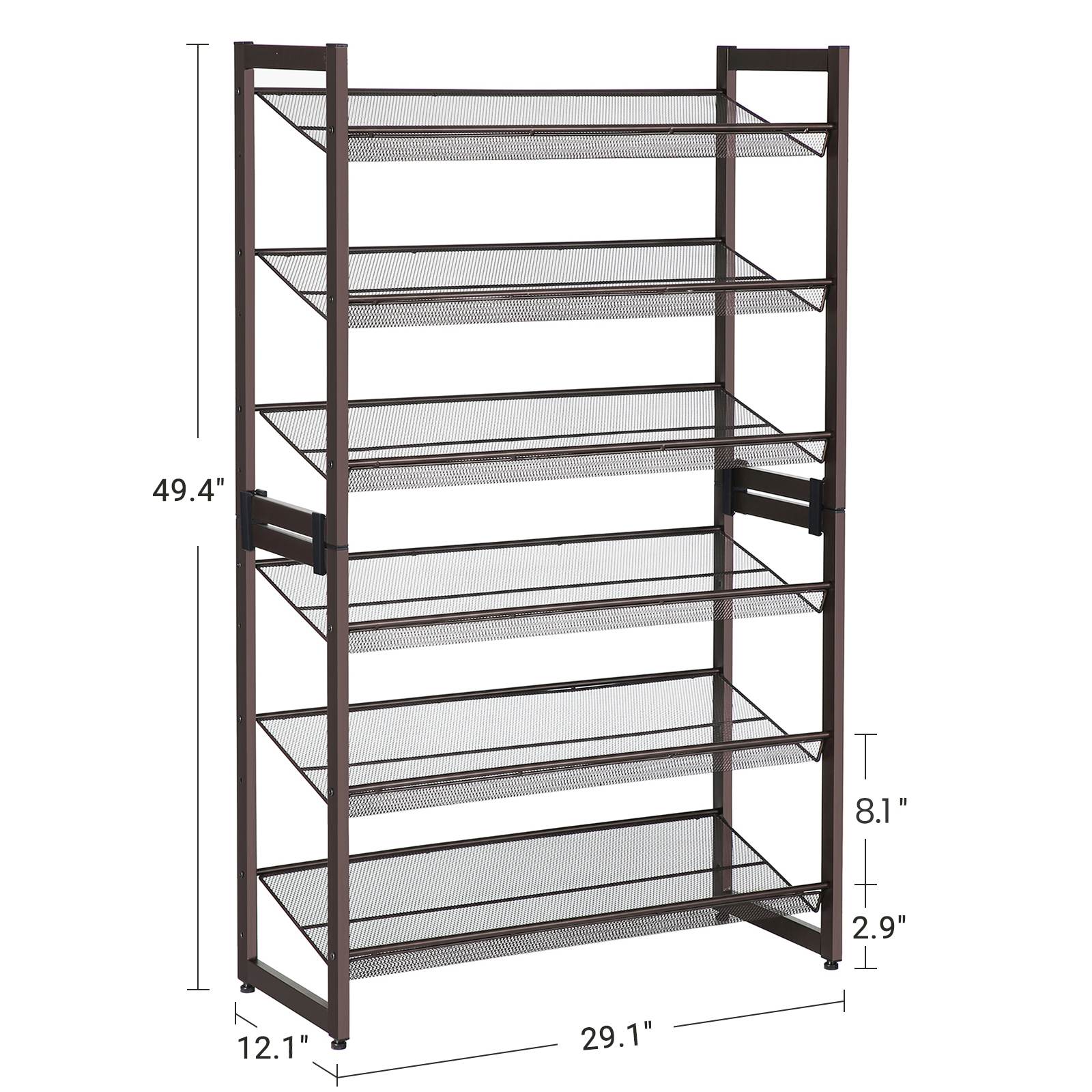 Stackable shoe rack - 6 tier - adjustable shelves - metal frame