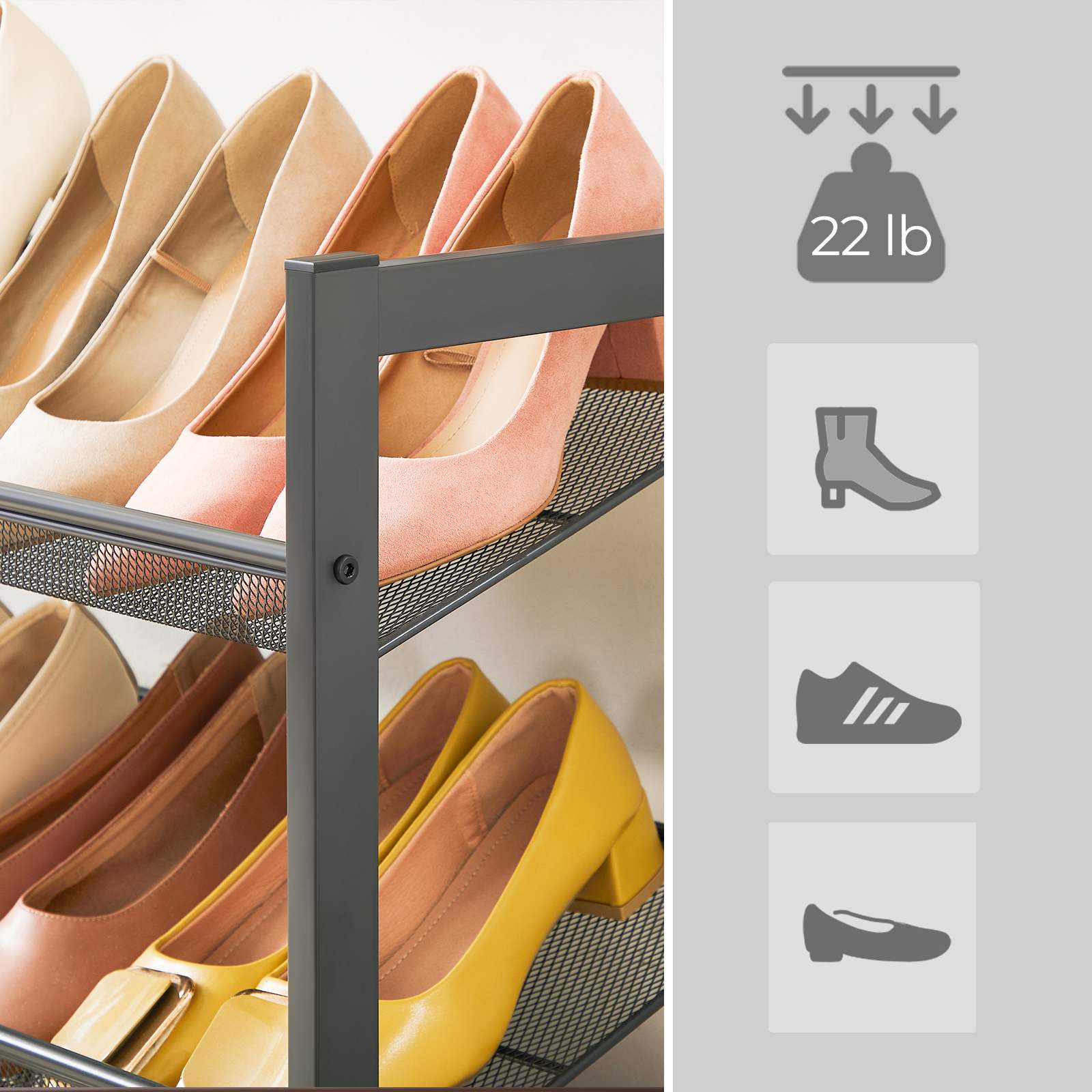 Stackable shoe rack - 6 tier - adjustable shelves - metal frame