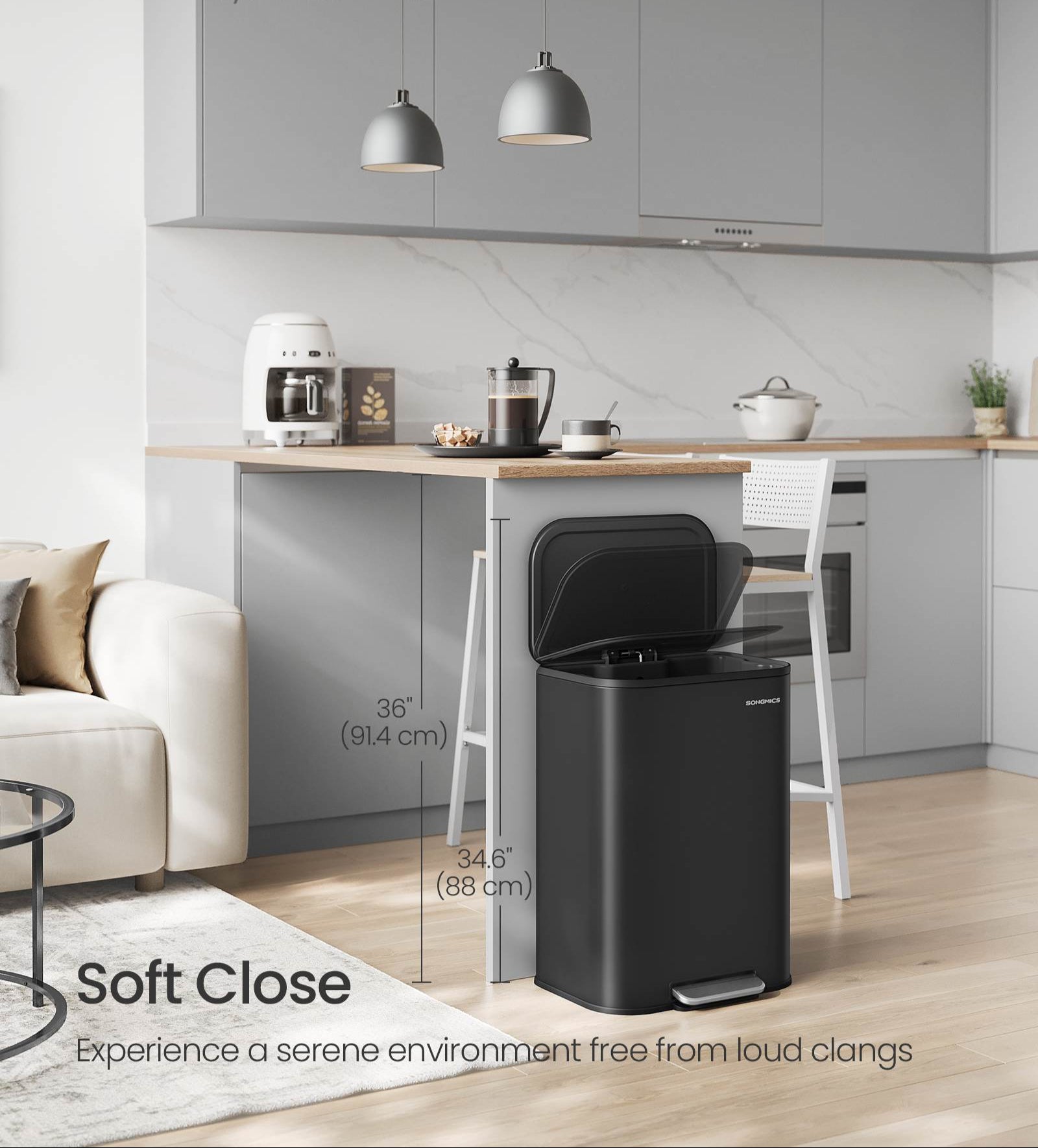 Stainless Steel Trash Can, 13 Gal., Soft-Close, Inner Bucket, Pedal-Operated