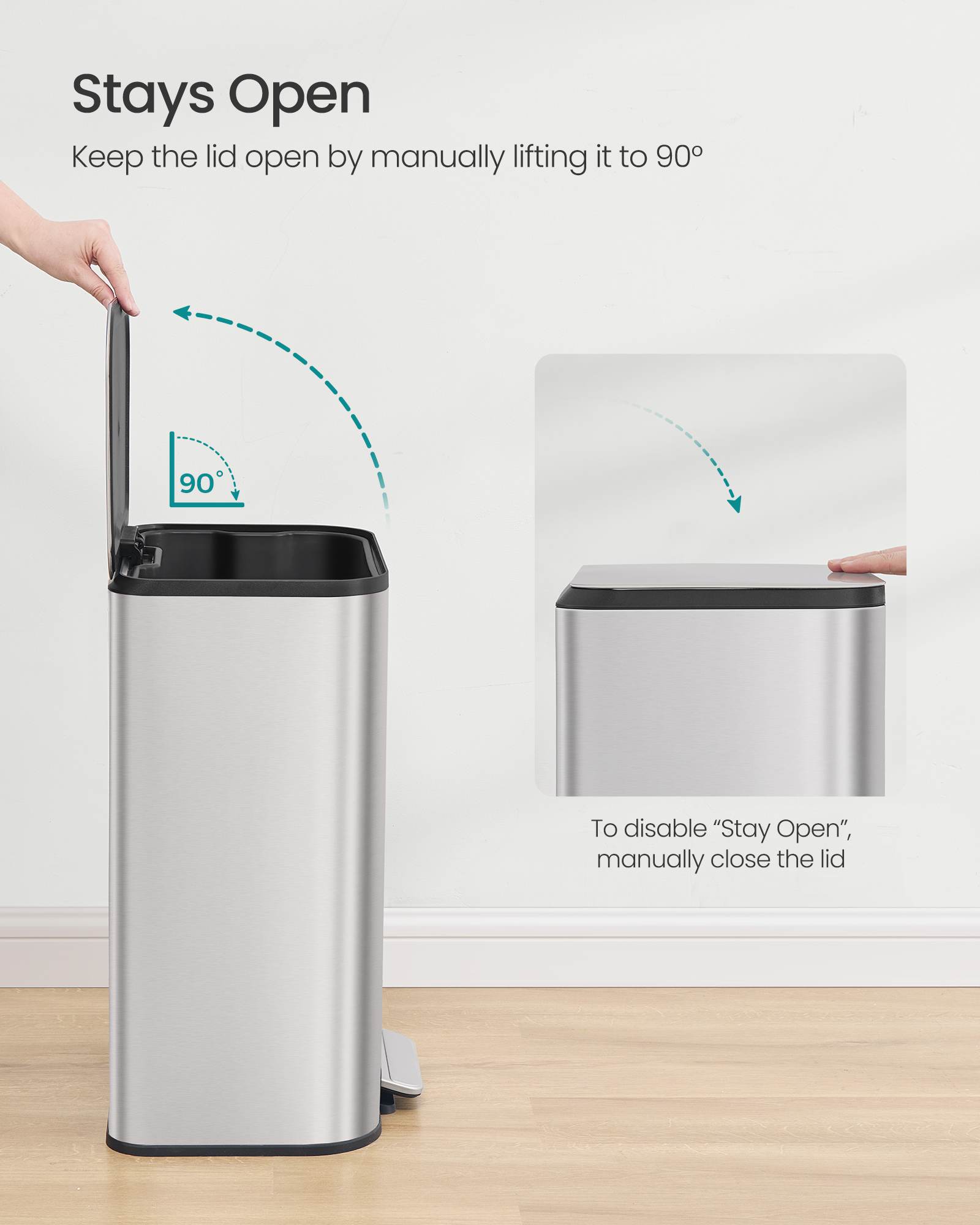 Stainless Steel Trash Can, 13 Gal., Soft-Close, Inner Bucket, Pedal-Operated