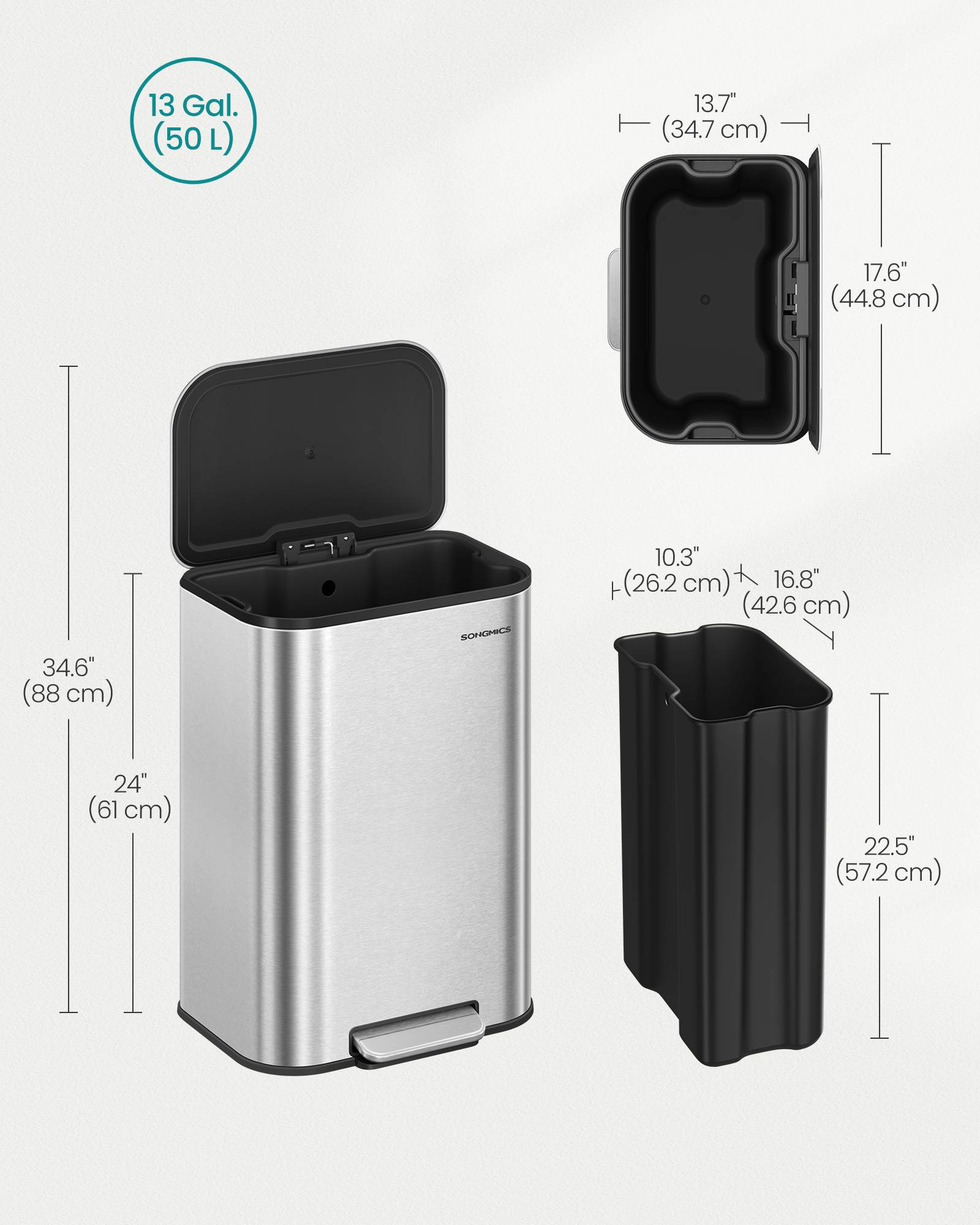 Stainless Steel Trash Can, 13 Gal., Soft-Close, Inner Bucket, Pedal-Operated