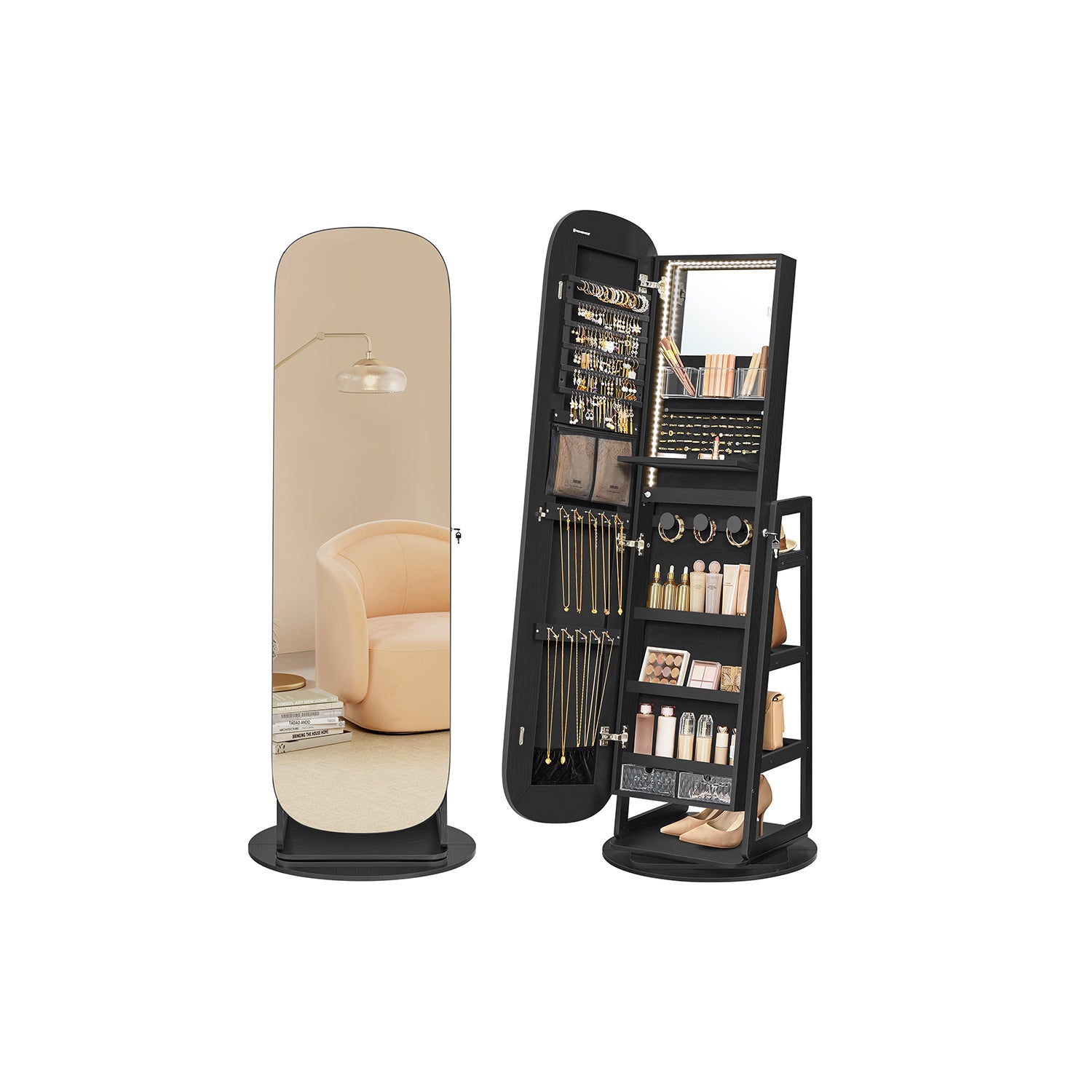 Standing Jewelry Cabinet, LED Mirror, Full-Length, Storage Organizer, Drawers, Hooks