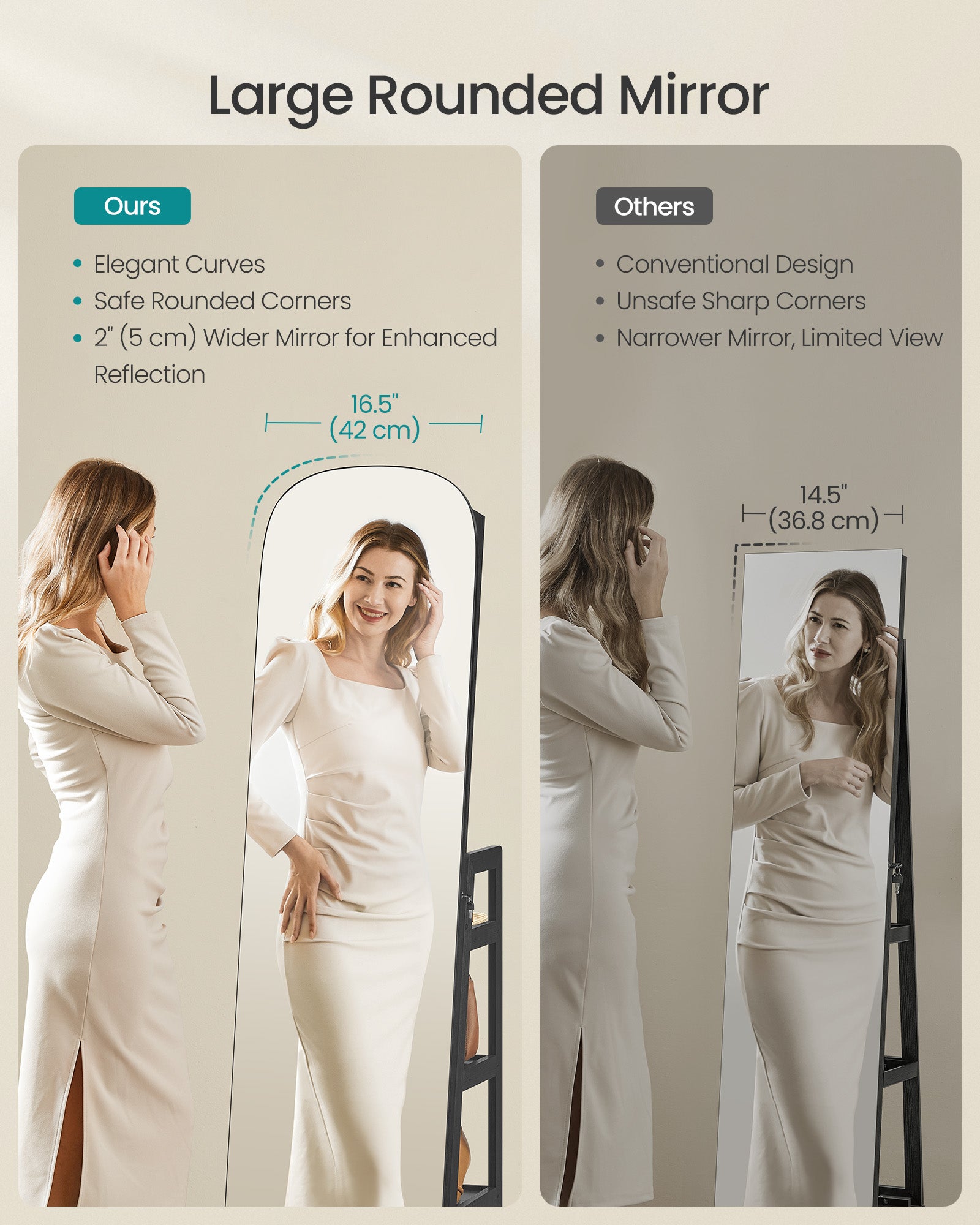 Standing Jewelry Cabinet, LED Mirror, Full-Length, Storage Organizer, Drawers, Hooks