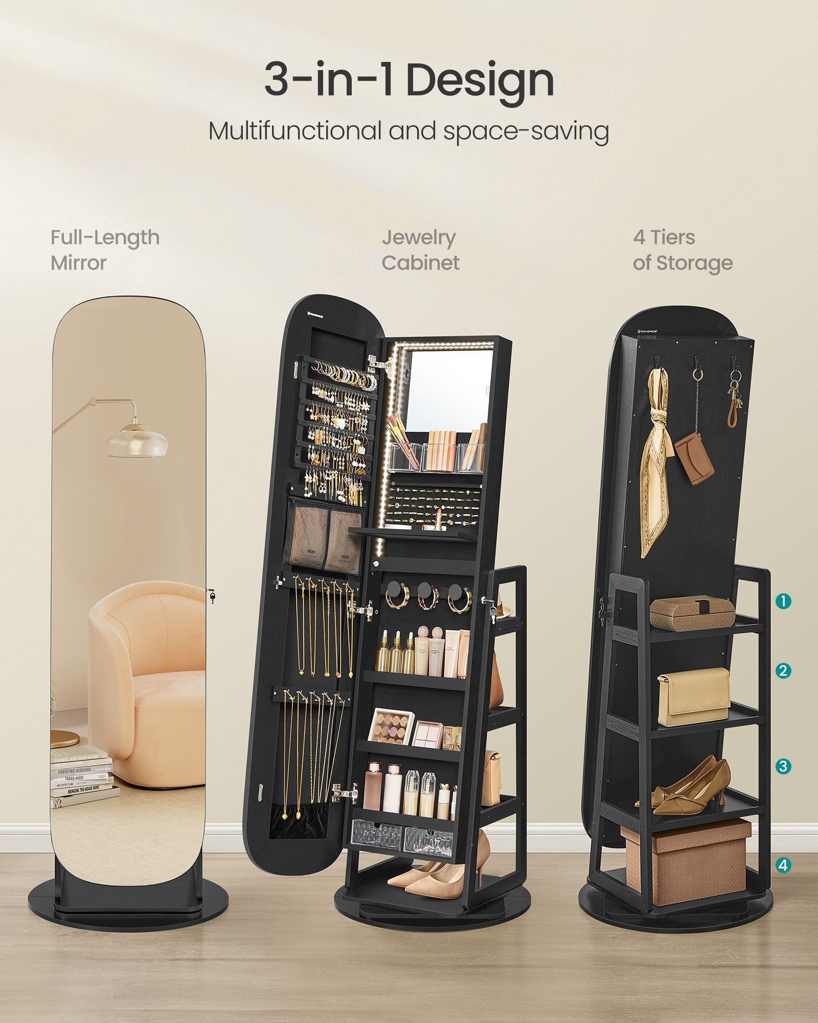 Standing Jewelry Cabinet, LED Mirror, Full-Length, Storage Organizer, Drawers, Hooks