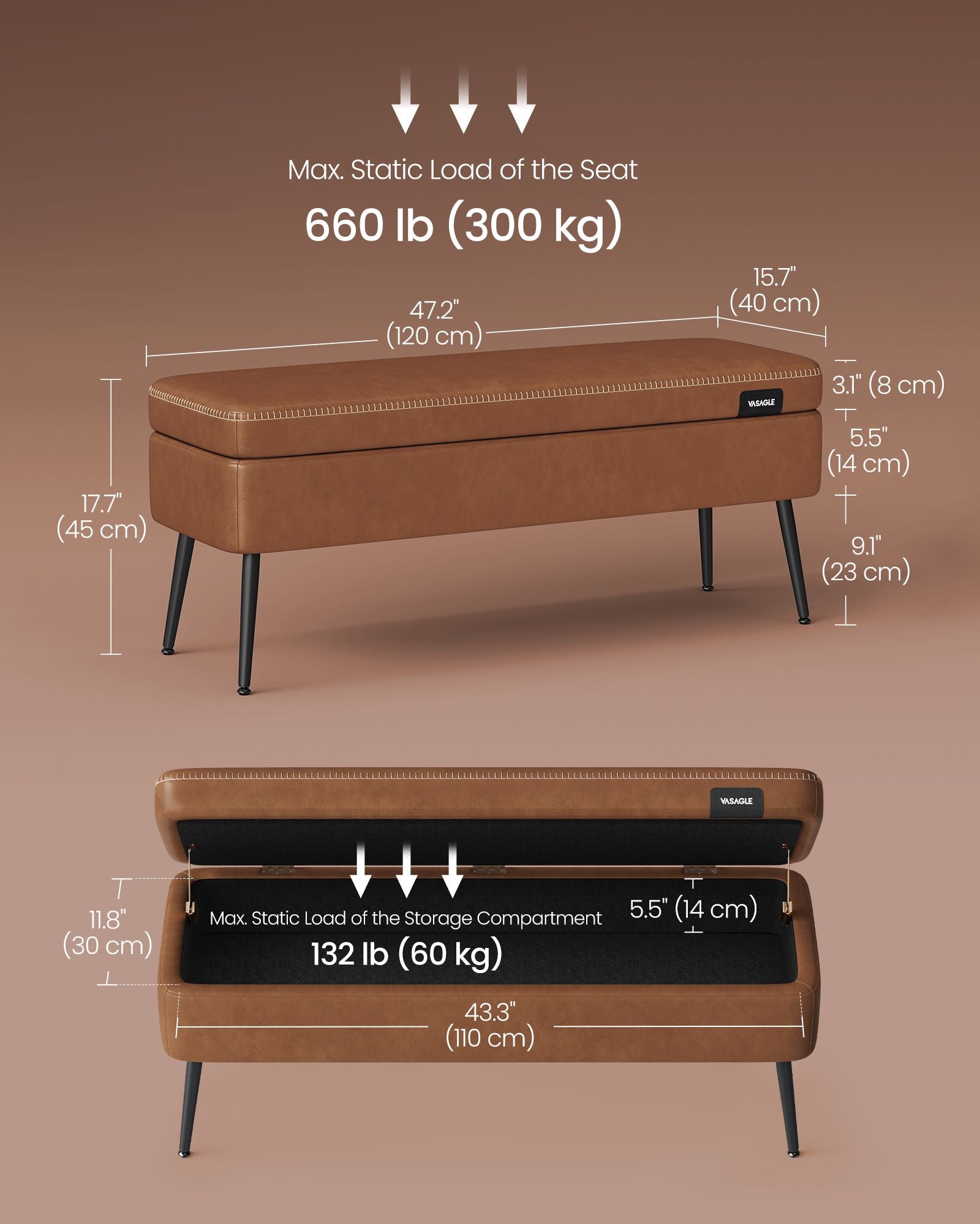 Storage Ottoman Bench, Upholstered, Hidden Compartment, PU Leather, Steel Legs