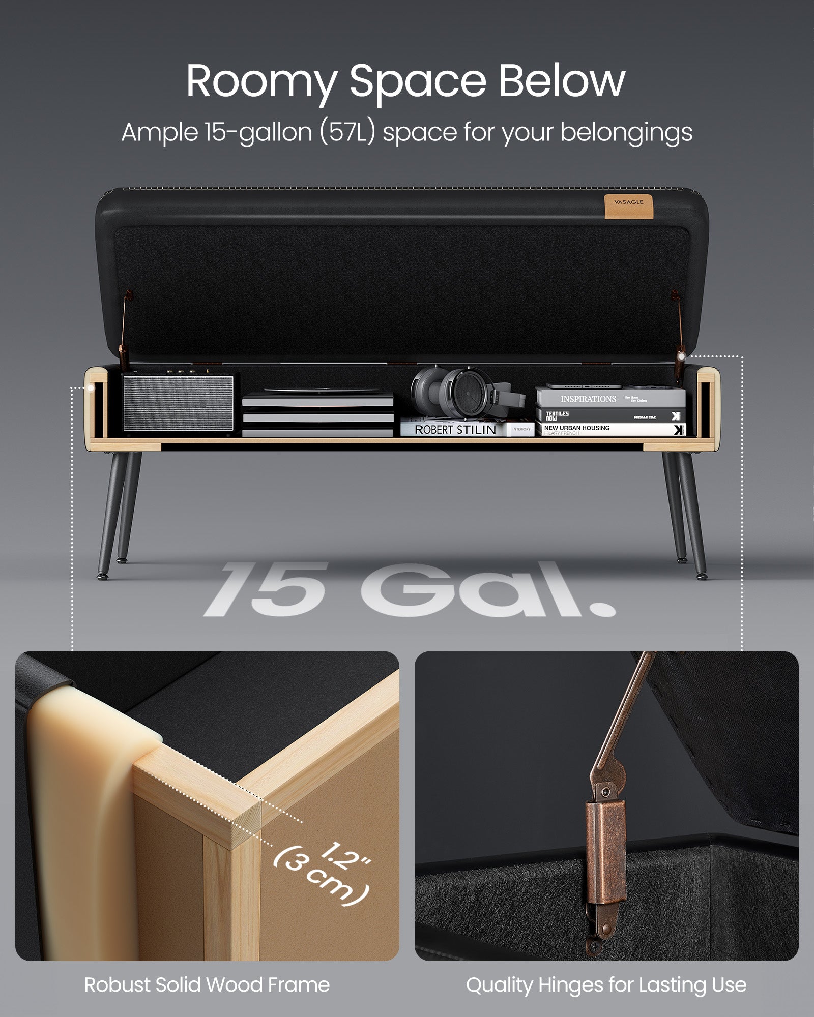 Storage Ottoman Bench, Upholstered, Hidden Compartment, PU Leather, Steel Legs