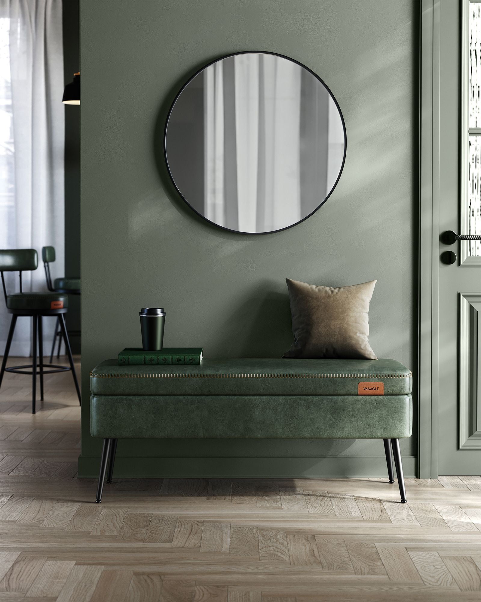 Storage Ottoman Bench, Upholstered, Hidden Compartment, PU Leather, Steel Legs