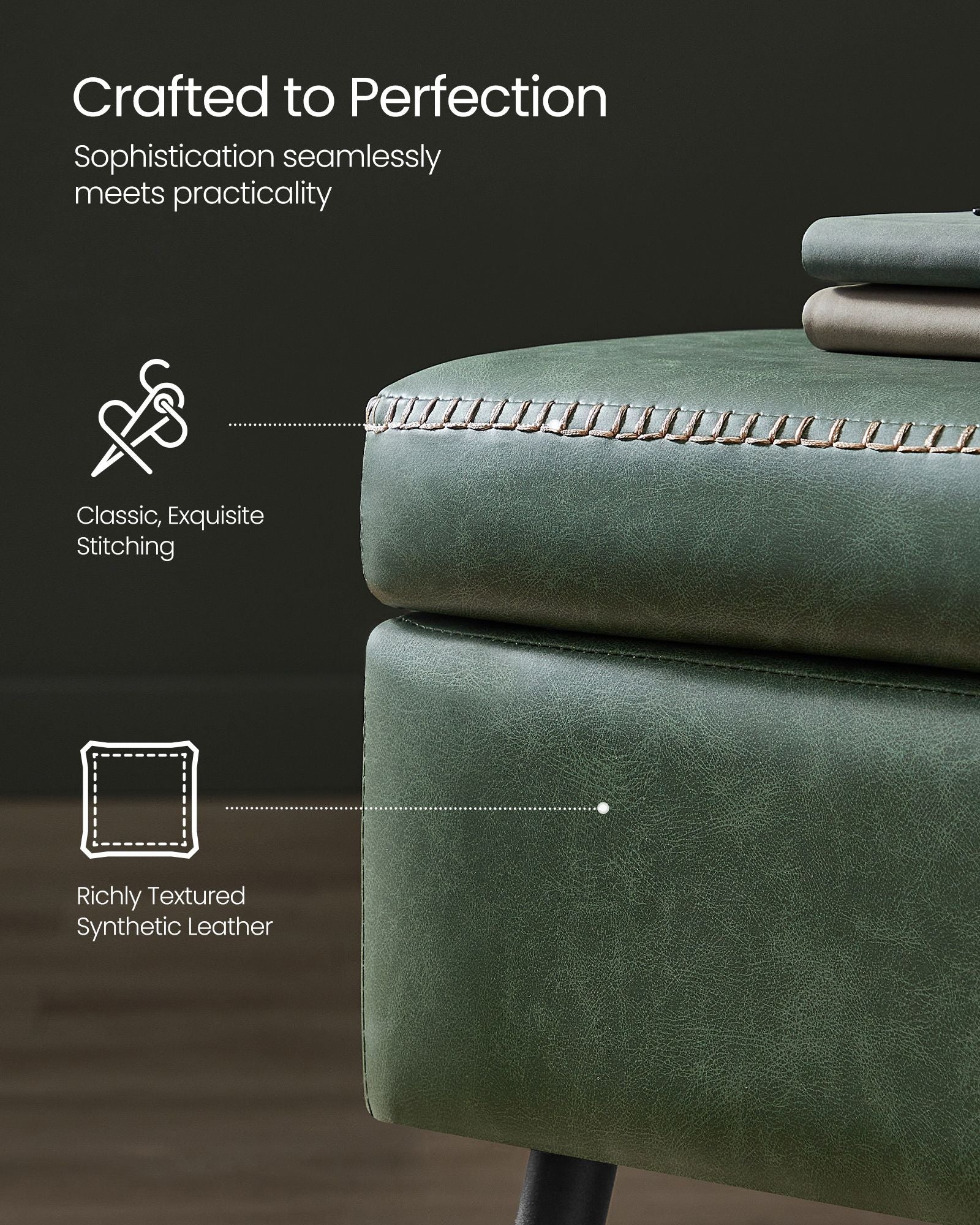 Storage Ottoman Bench, Upholstered, Hidden Compartment, PU Leather, Steel Legs