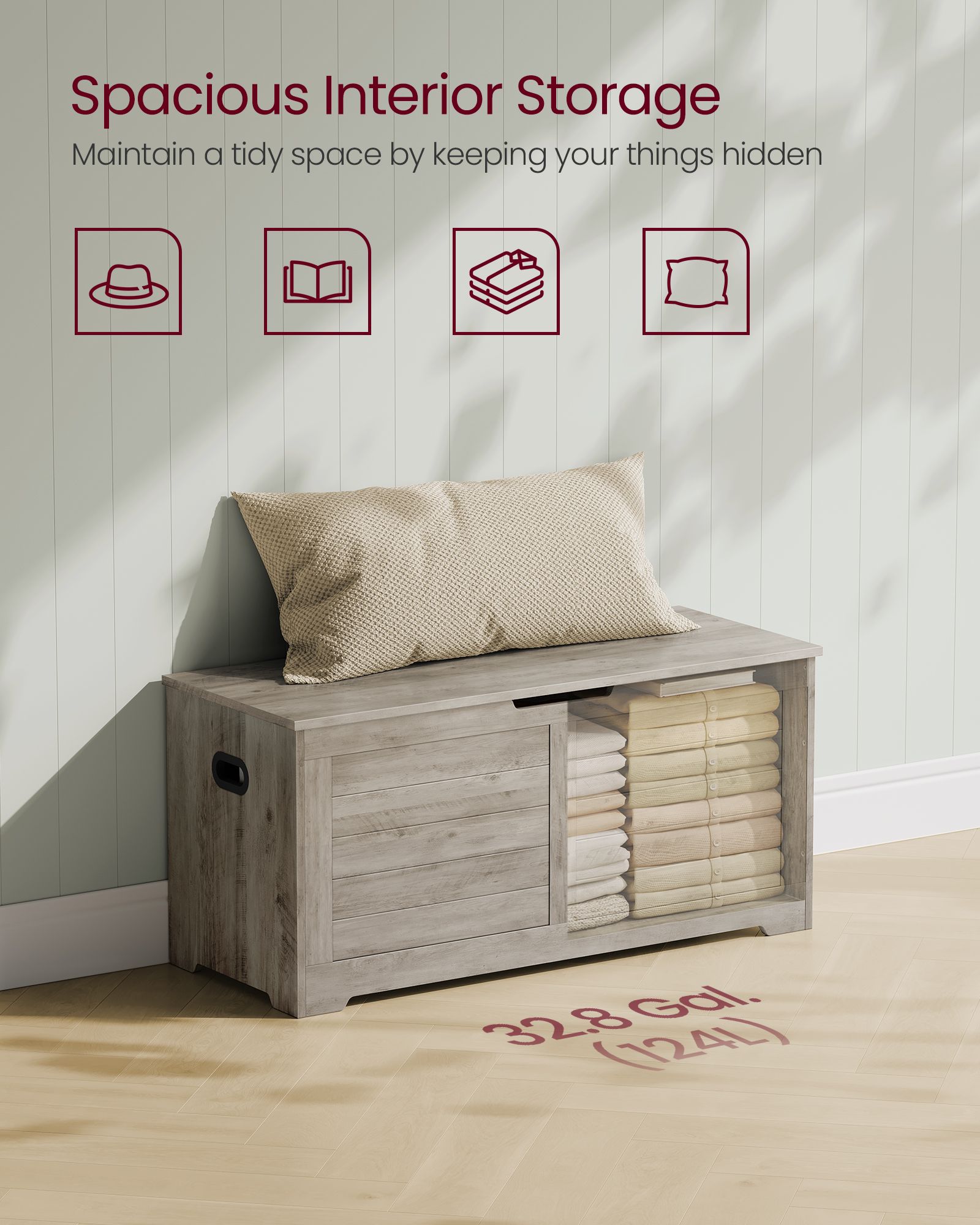 Storage chest with hinged lid – entryway trunk – large hidden compartment – 300 lb capacity