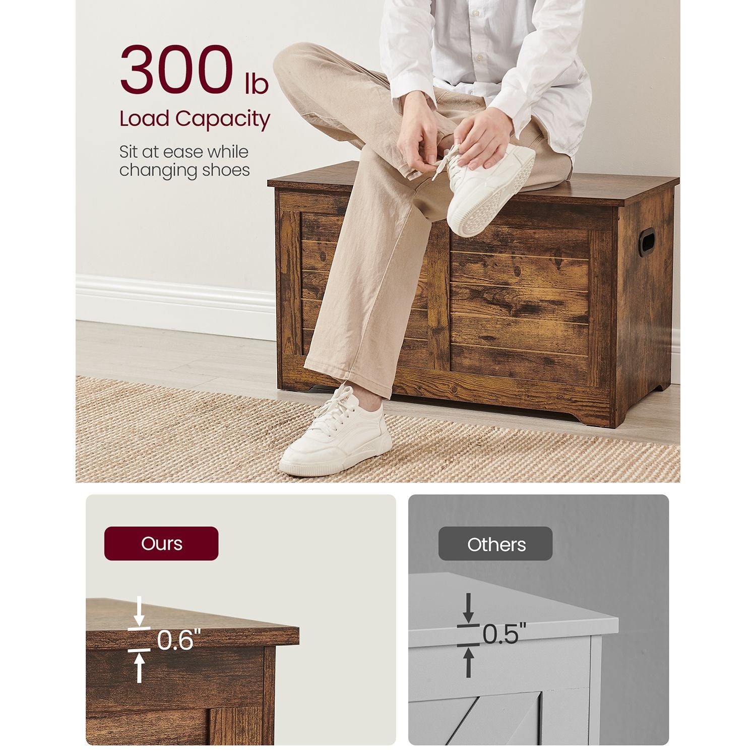 Storage chest with hinged lid – entryway trunk – large hidden compartment – 300 lb capacity