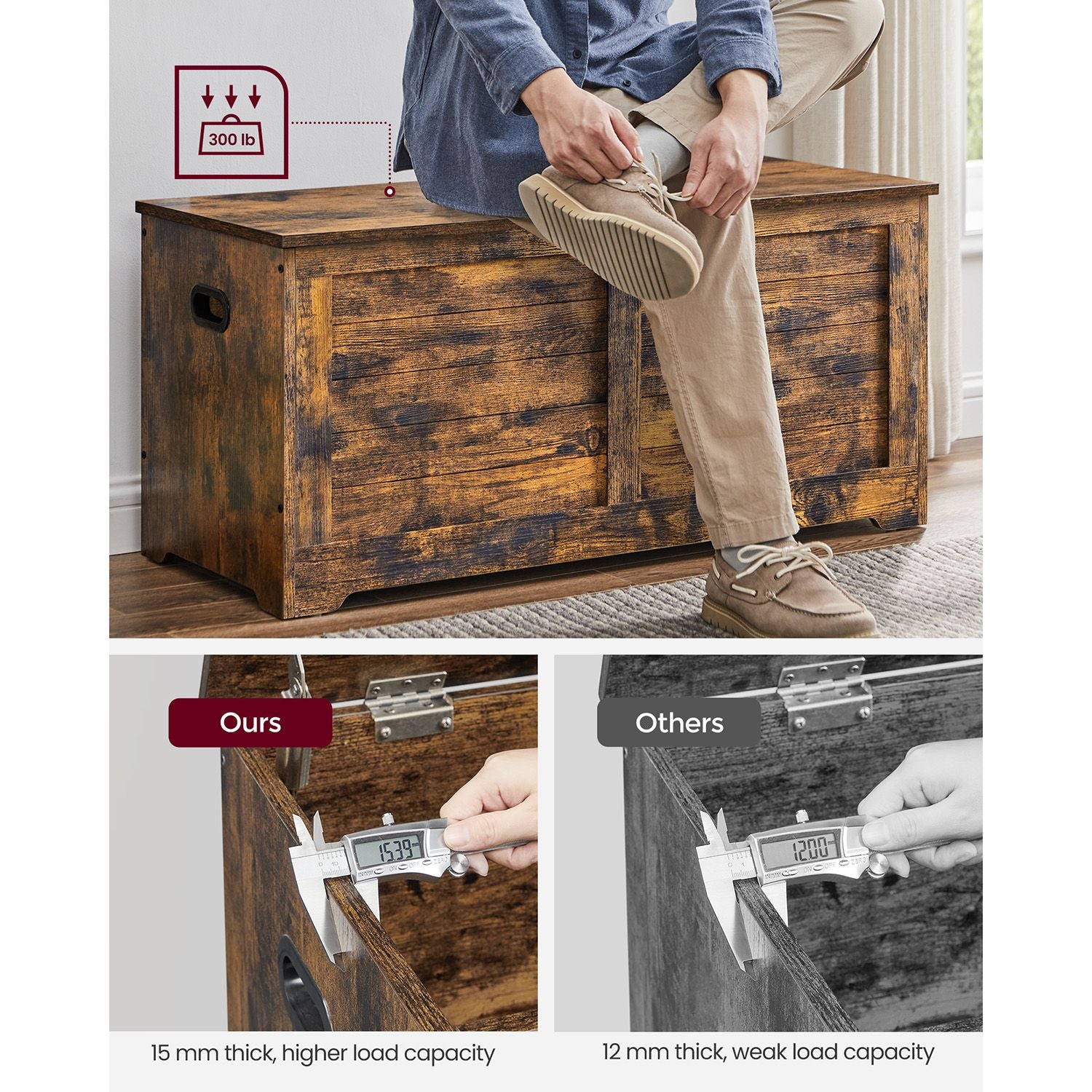 Storage chest with hinged lid – entryway trunk – large hidden compartment – 300 lb capacity