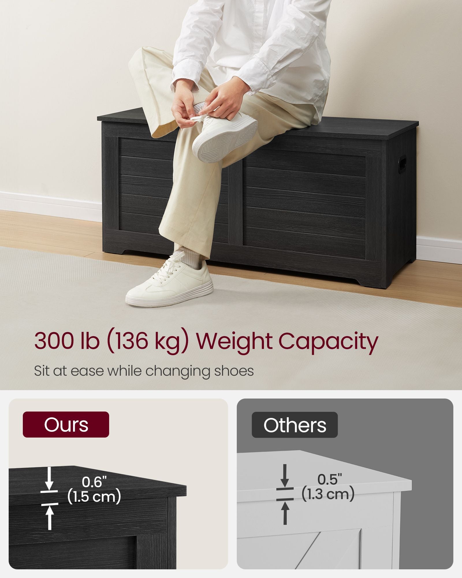 Storage chest with hinged lid – entryway trunk – large hidden compartment – 300 lb capacity