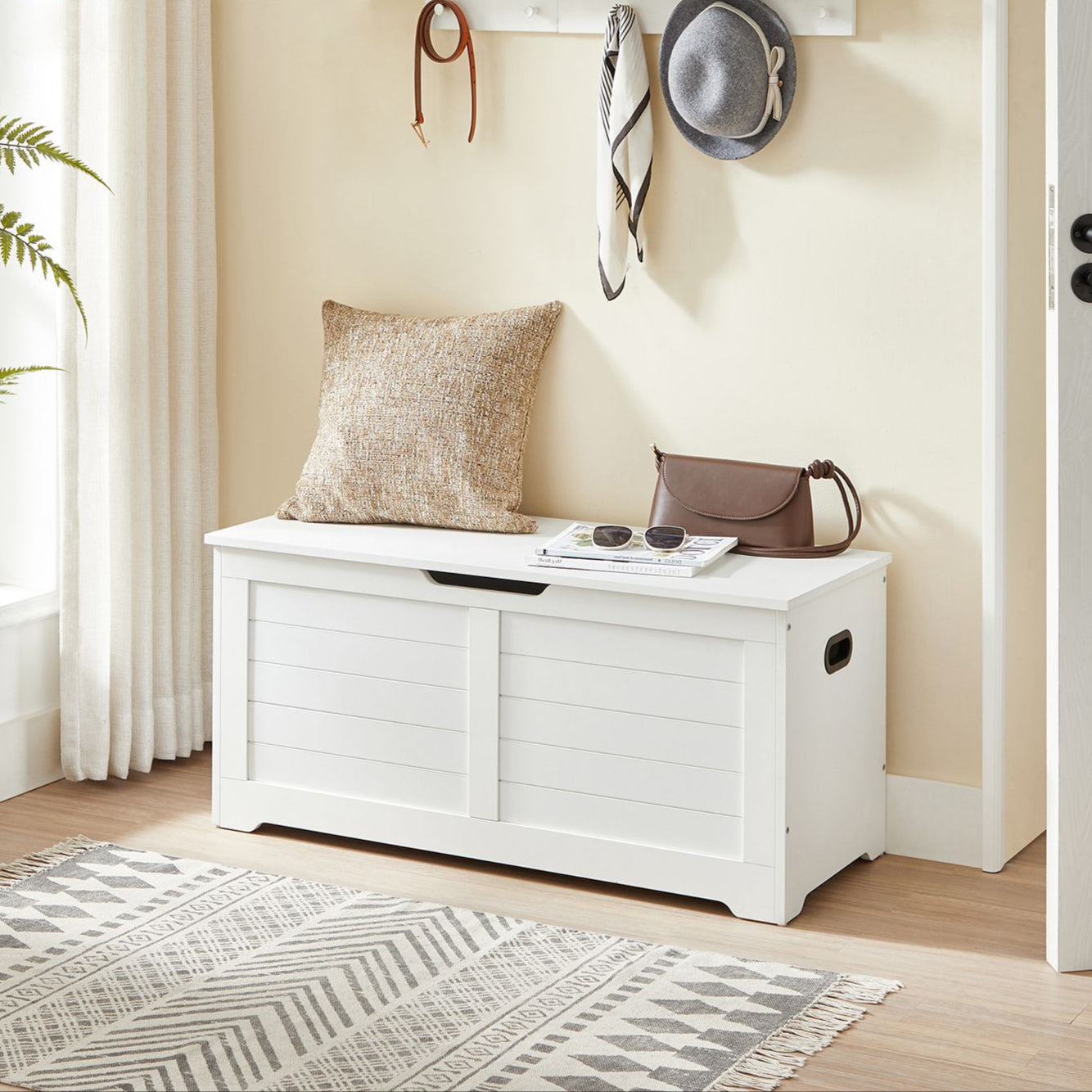 Storage chest with hinged lid – entryway trunk – large hidden compartment – 300 lb capacity