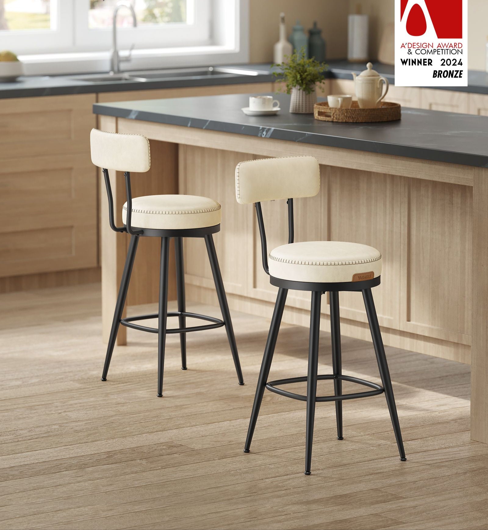 Swivel Bar Stools – Set of 2 – Faux Leather Seat with 360° Rotation – Steel Frame with Adjustable Feet – 25.6"/30" Seat Height