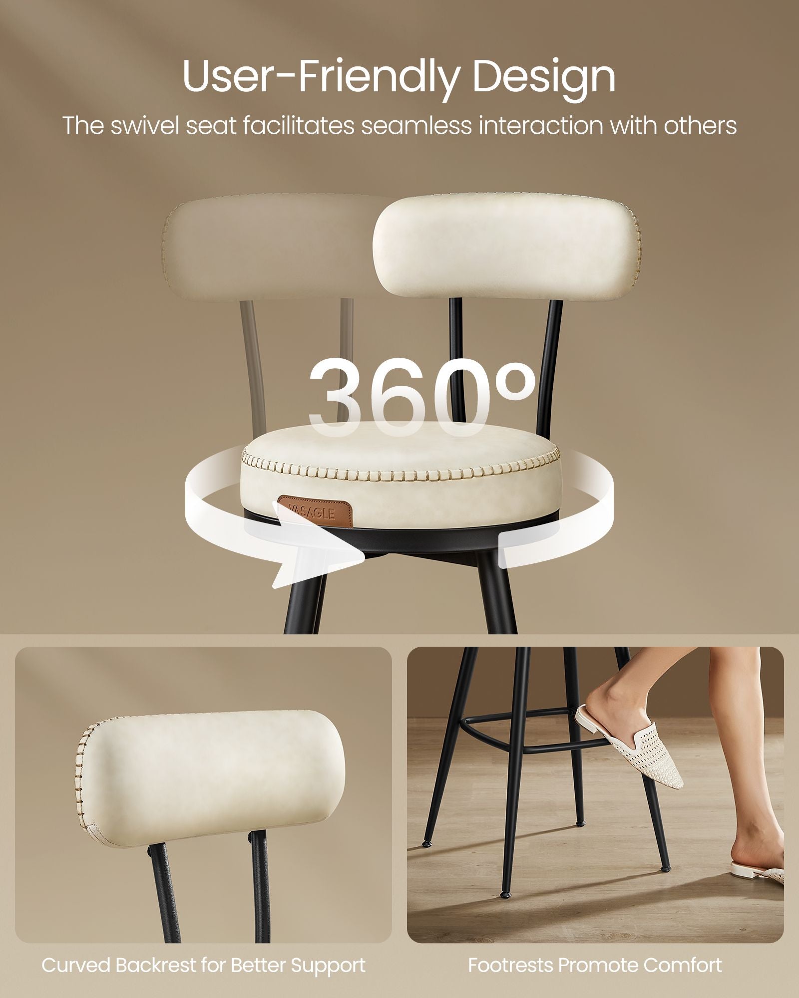 Swivel Bar Stools – Set of 2 – Faux Leather Seat with 360° Rotation – Steel Frame with Adjustable Feet – 25.6"/30" Seat Height