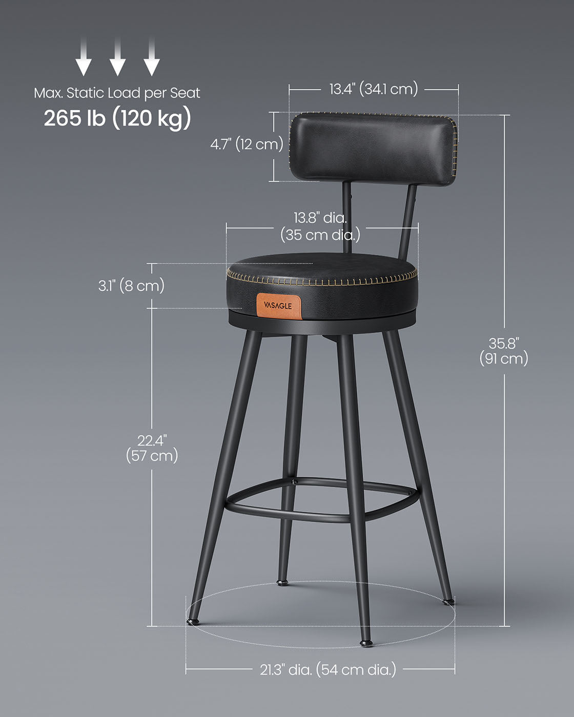 Swivel Bar Stools – Set of 2 – Faux Leather Seat with 360° Rotation – Steel Frame with Adjustable Feet – 25.6"/30" Seat Height