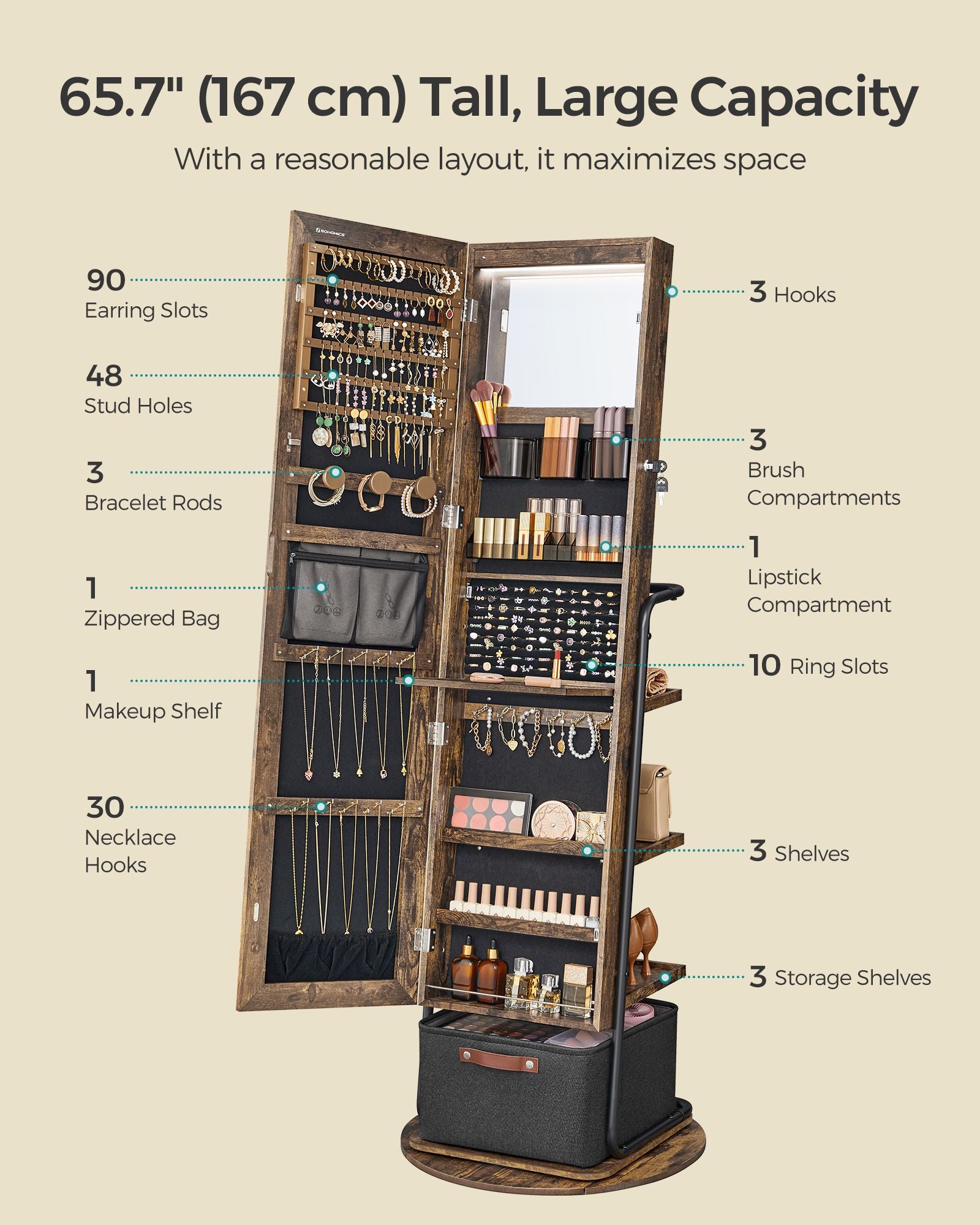 Swivel Jewelry Cabinet with Mirror - 3-in-1 Organizer - Full-Length View