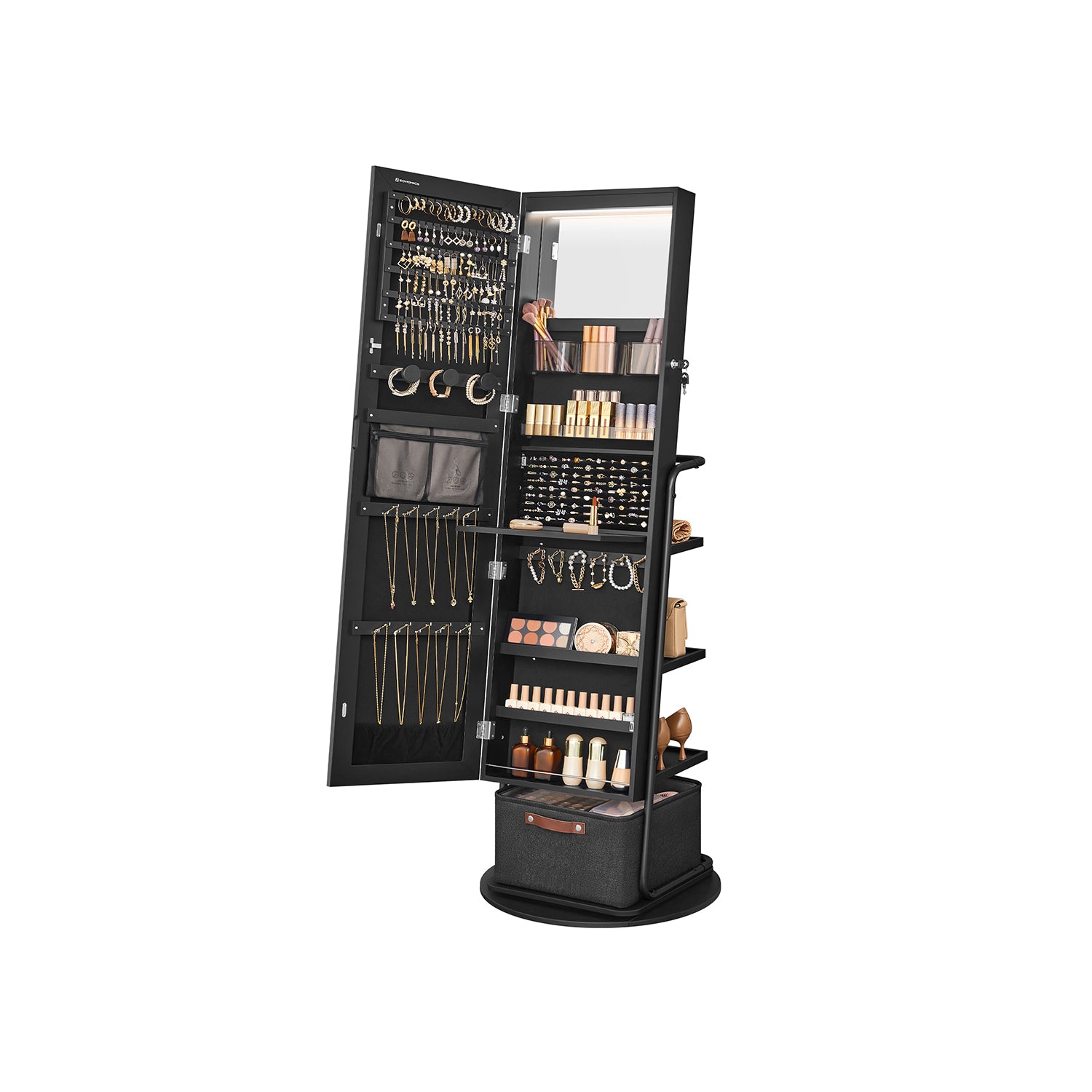 Swivel Jewelry Cabinet with Mirror - 3-in-1 Organizer - Full-Length View