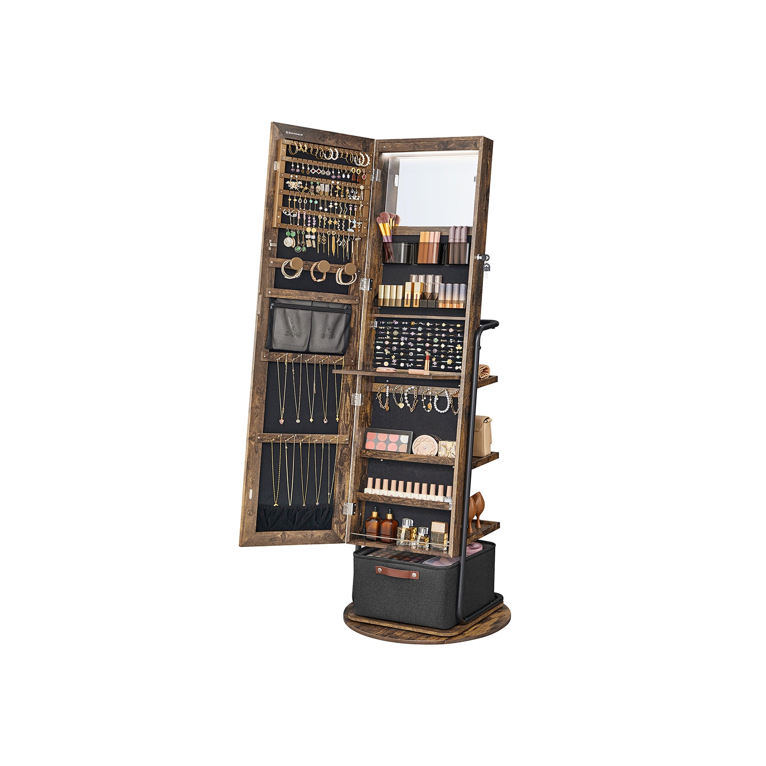 Swivel Jewelry Cabinet with Mirror - 3-in-1 Organizer - Full-Length View