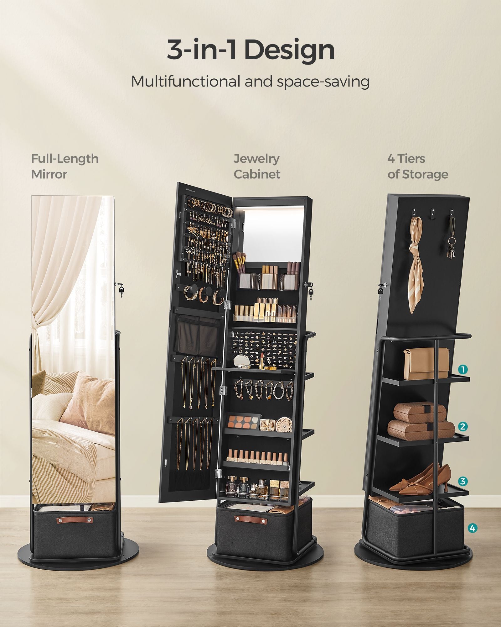 Swivel Jewelry Cabinet with Mirror - 3-in-1 Organizer - Full-Length View