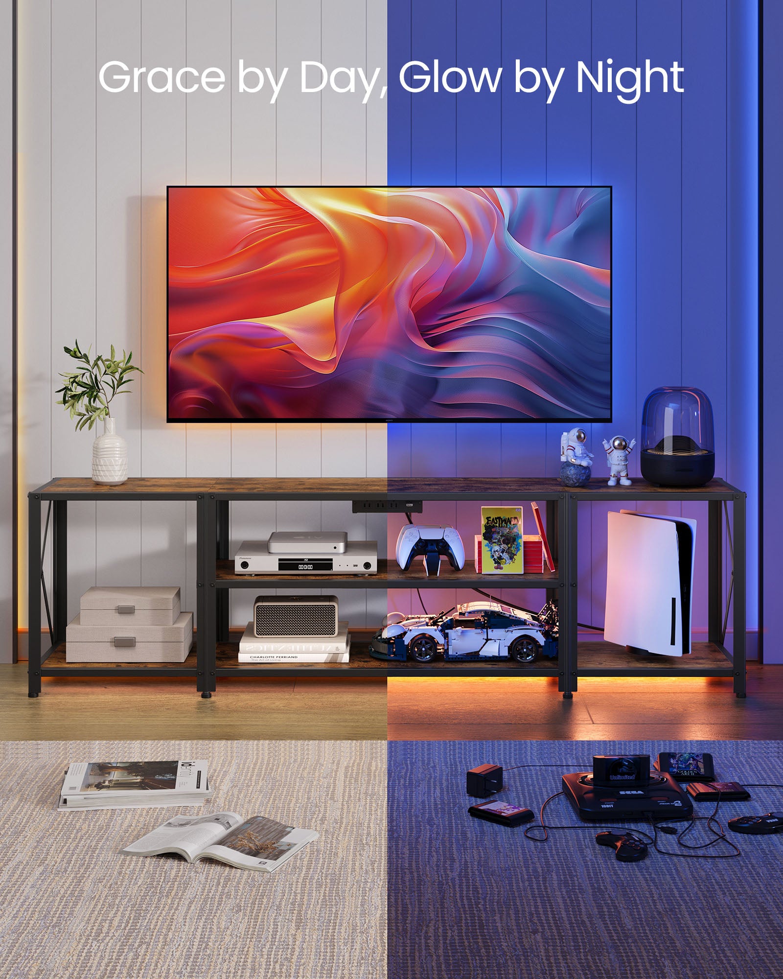 TV Stand, Power Outlets, LED Lights, up to 75", Open Storage, Charging Station