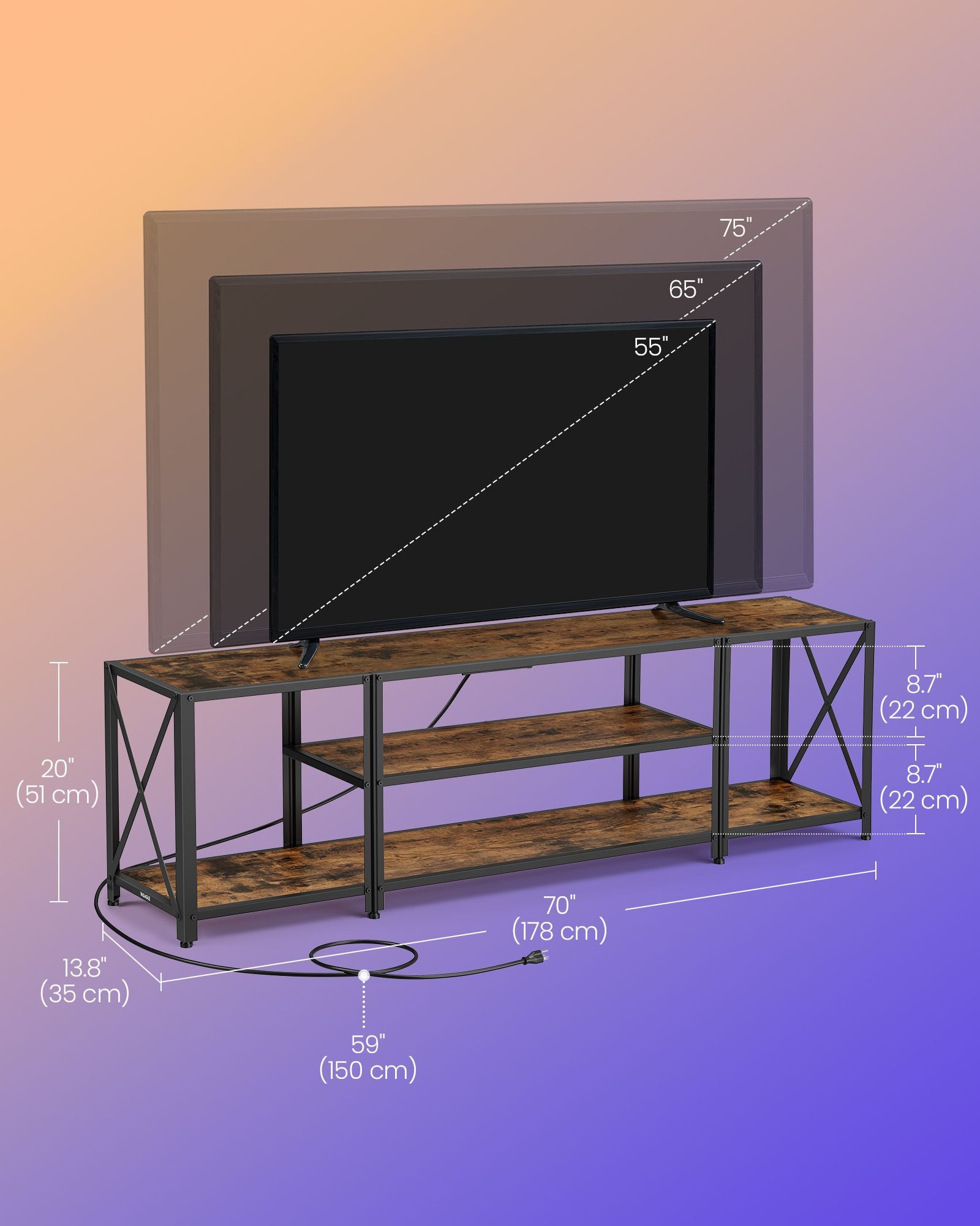 TV Stand, Power Outlets, LED Lights, up to 75", Open Storage, Charging Station