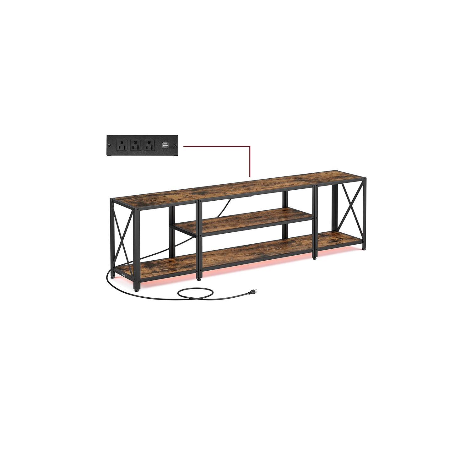 TV Stand, Power Outlets, LED Lights, up to 75", Open Storage, Charging Station