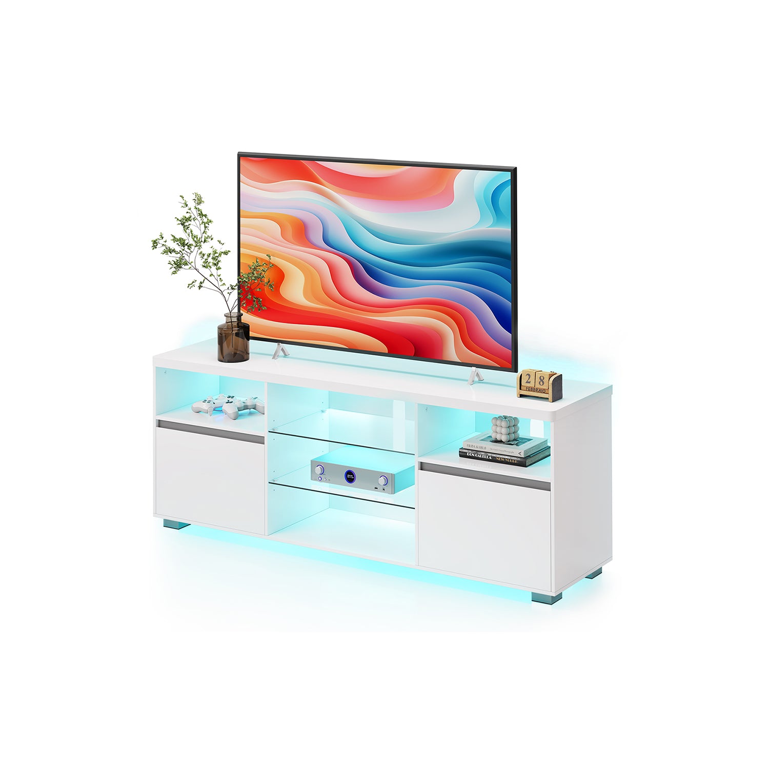 TV Stand with LED Lights, Fits up to 70", Adjustable Glass Shelves, Remote Control