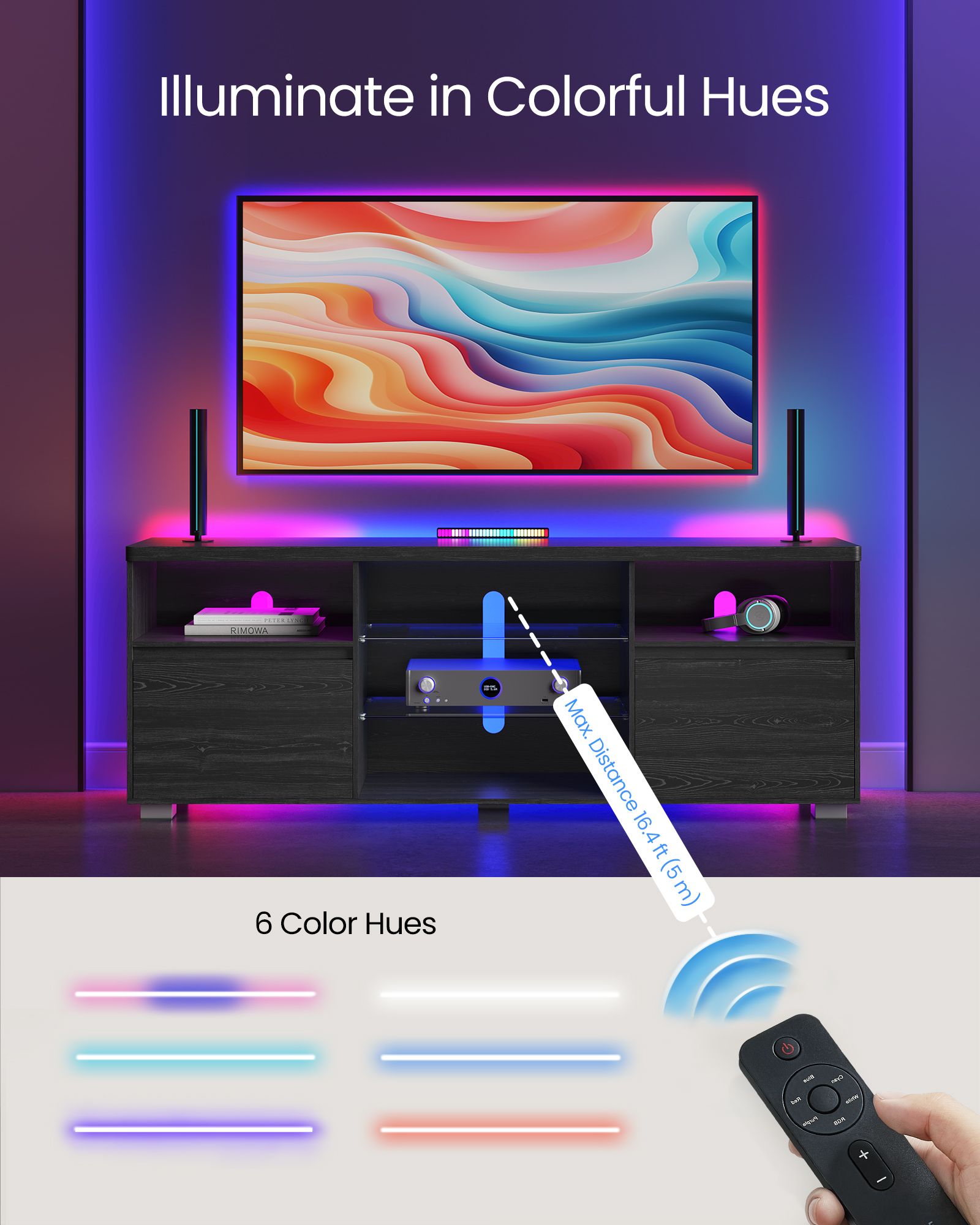 TV Stand with LED Lights, Fits up to 70", Adjustable Glass Shelves, Remote Control