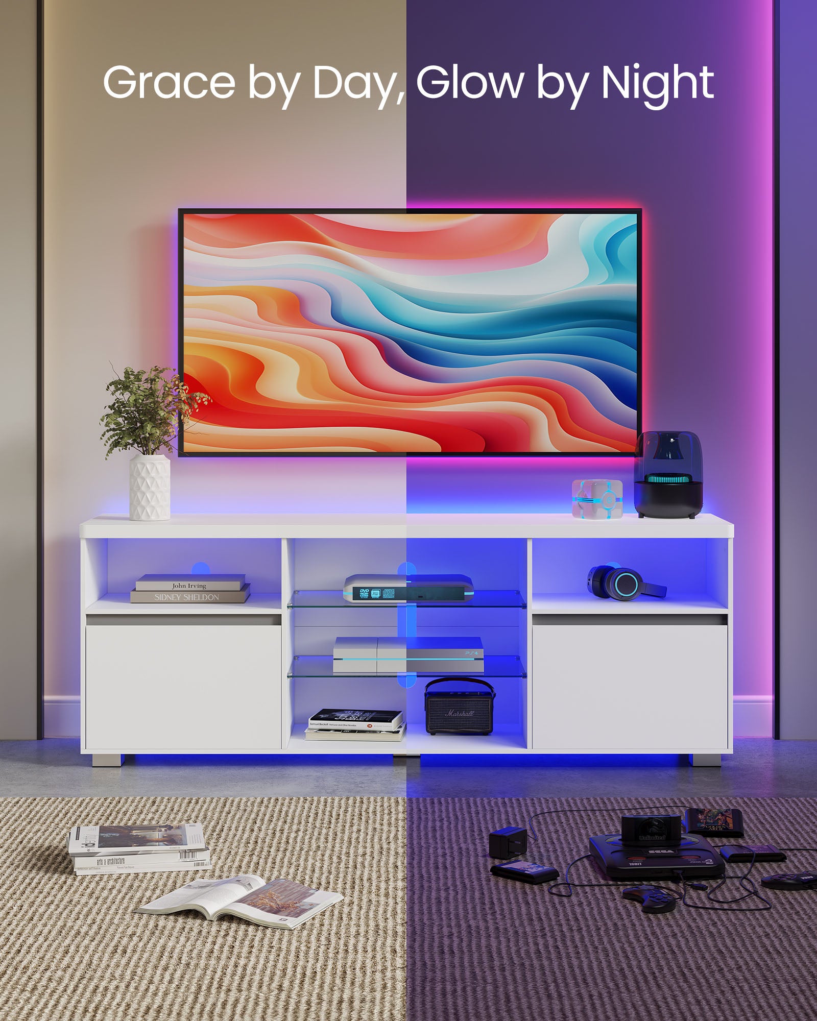 TV Stand with LED Lights, Fits up to 70", Adjustable Glass Shelves, Remote Control