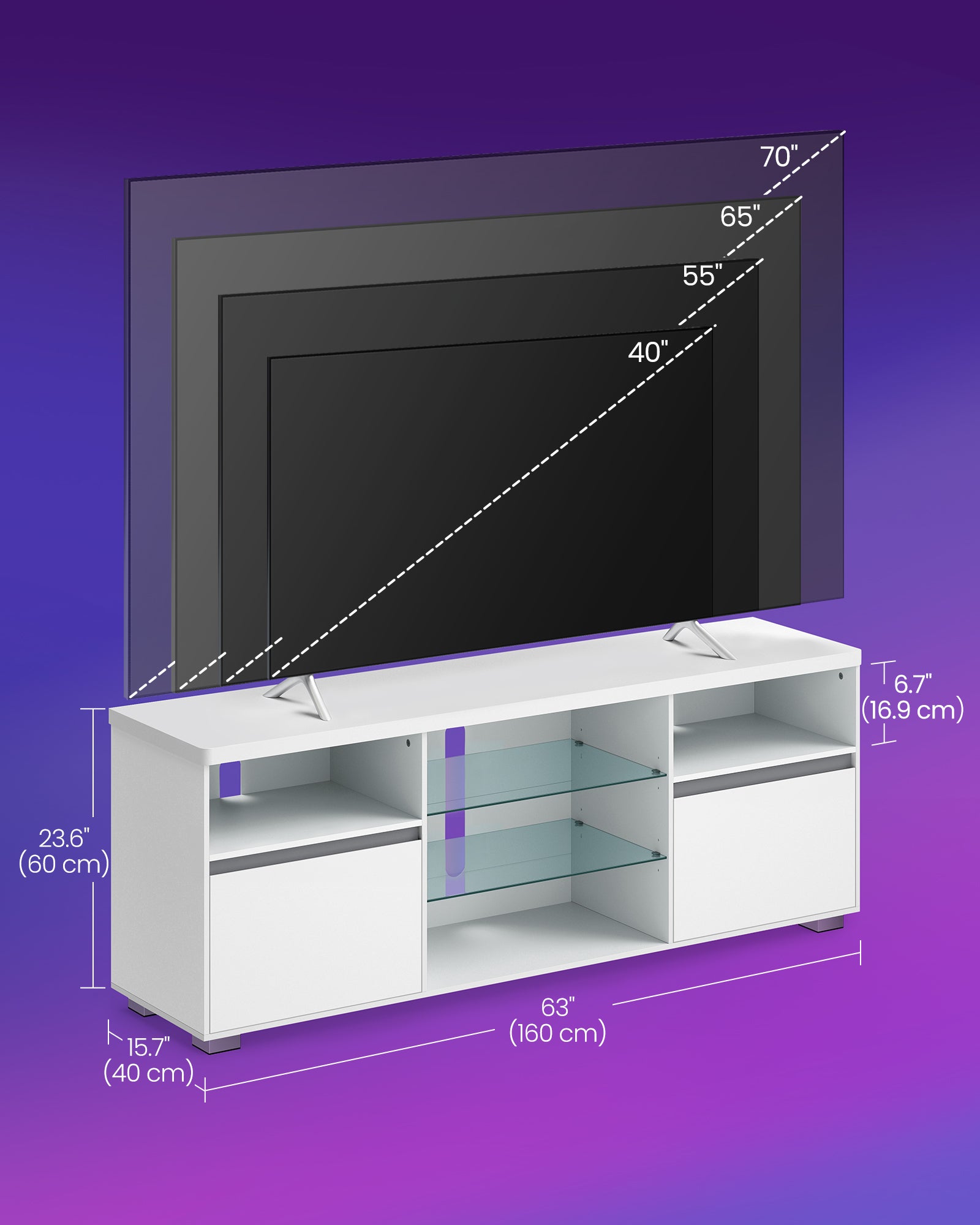 TV Stand with LED Lights, Fits up to 70", Adjustable Glass Shelves, Remote Control