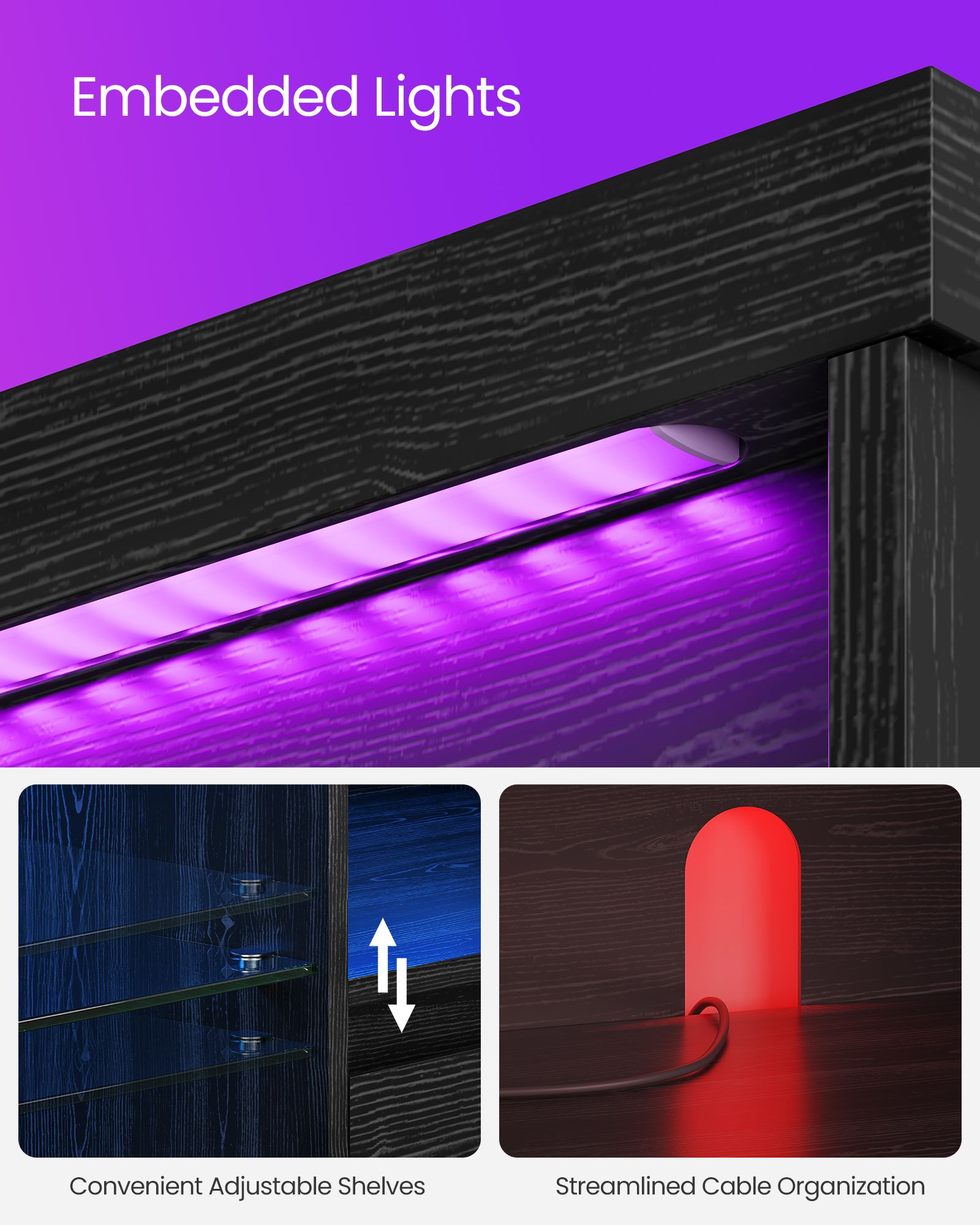 TV Stand with LED Lights, Fits up to 70", Adjustable Glass Shelves, Remote Control