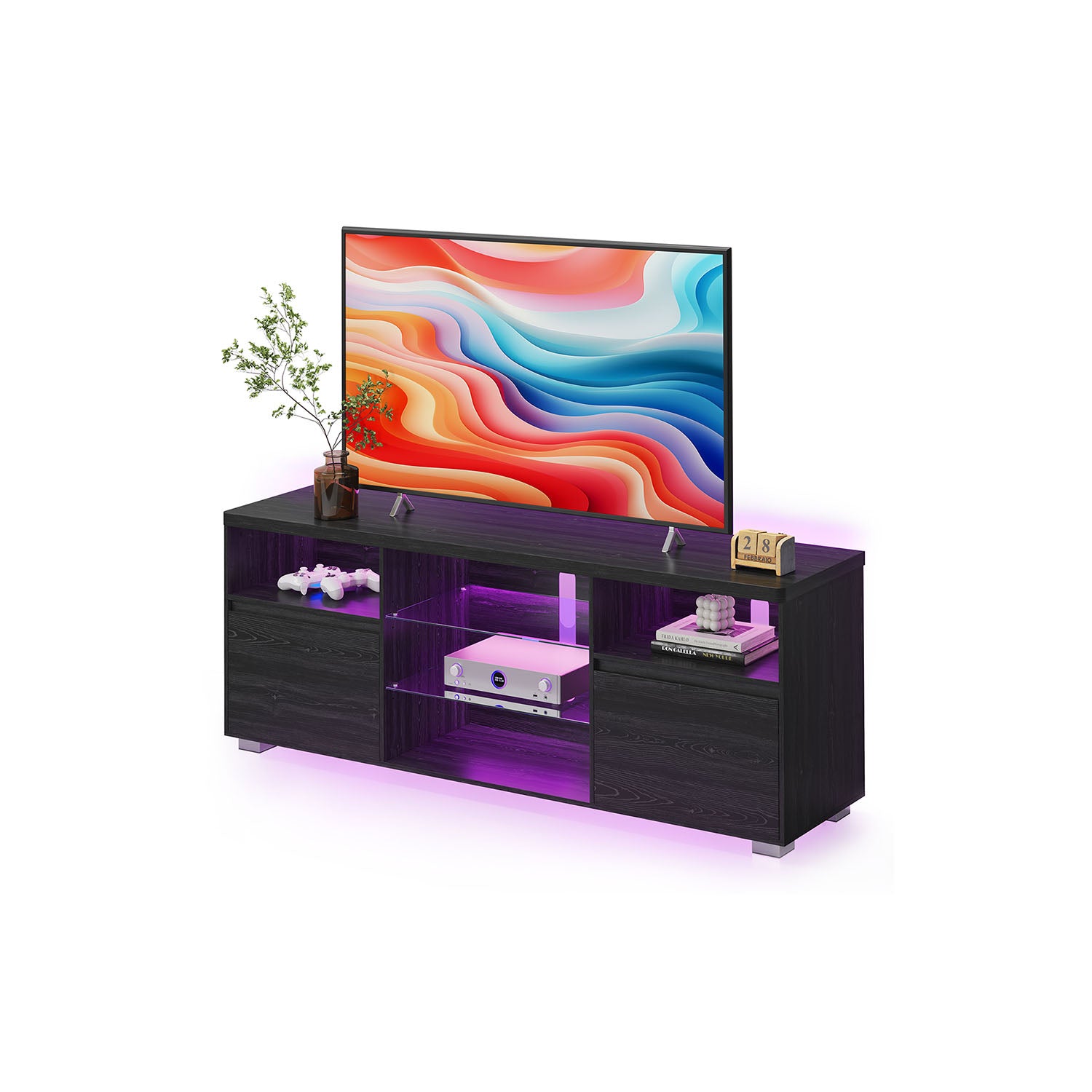 TV Stand with LED Lights, Fits up to 70", Adjustable Glass Shelves, Remote Control