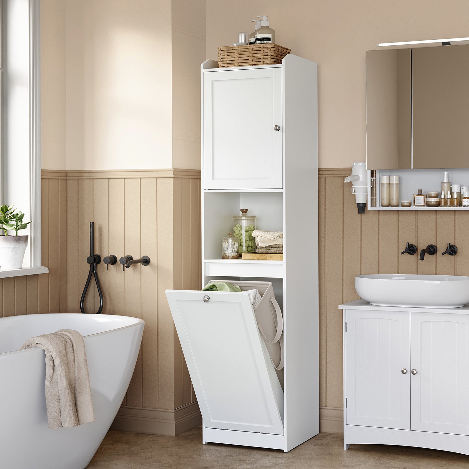 Tall Bathroom Cabinet, Laundry Hamper, Adjustable Shelf, Tilt-Out Compartment