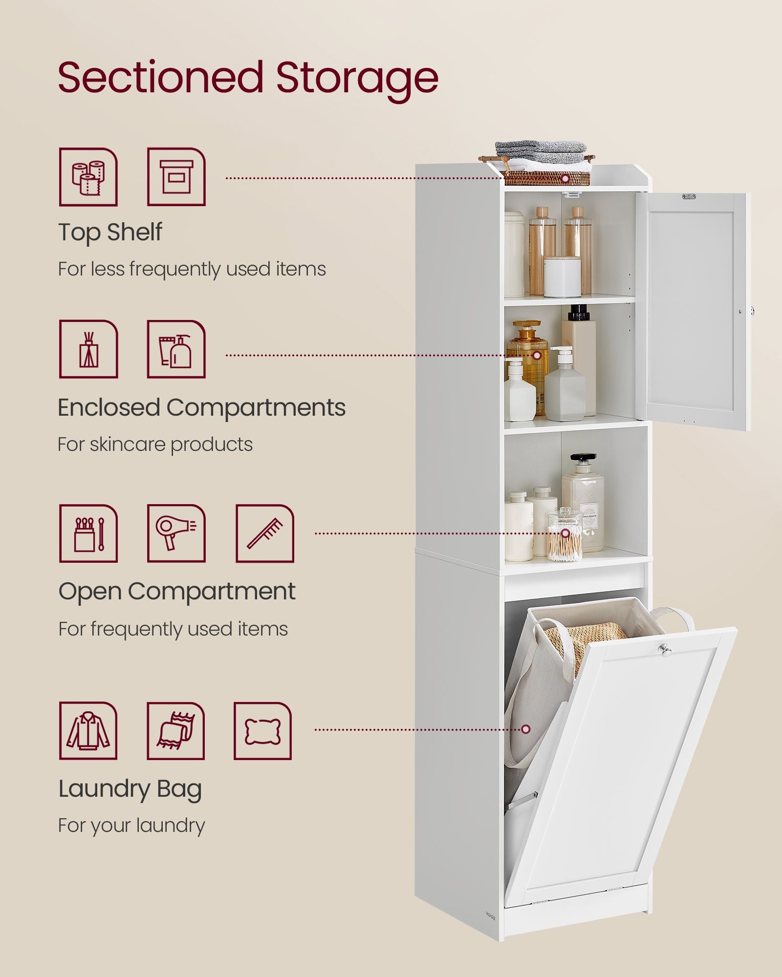 Tall Bathroom Cabinet, Laundry Hamper, Adjustable Shelf, Tilt-Out Compartment
