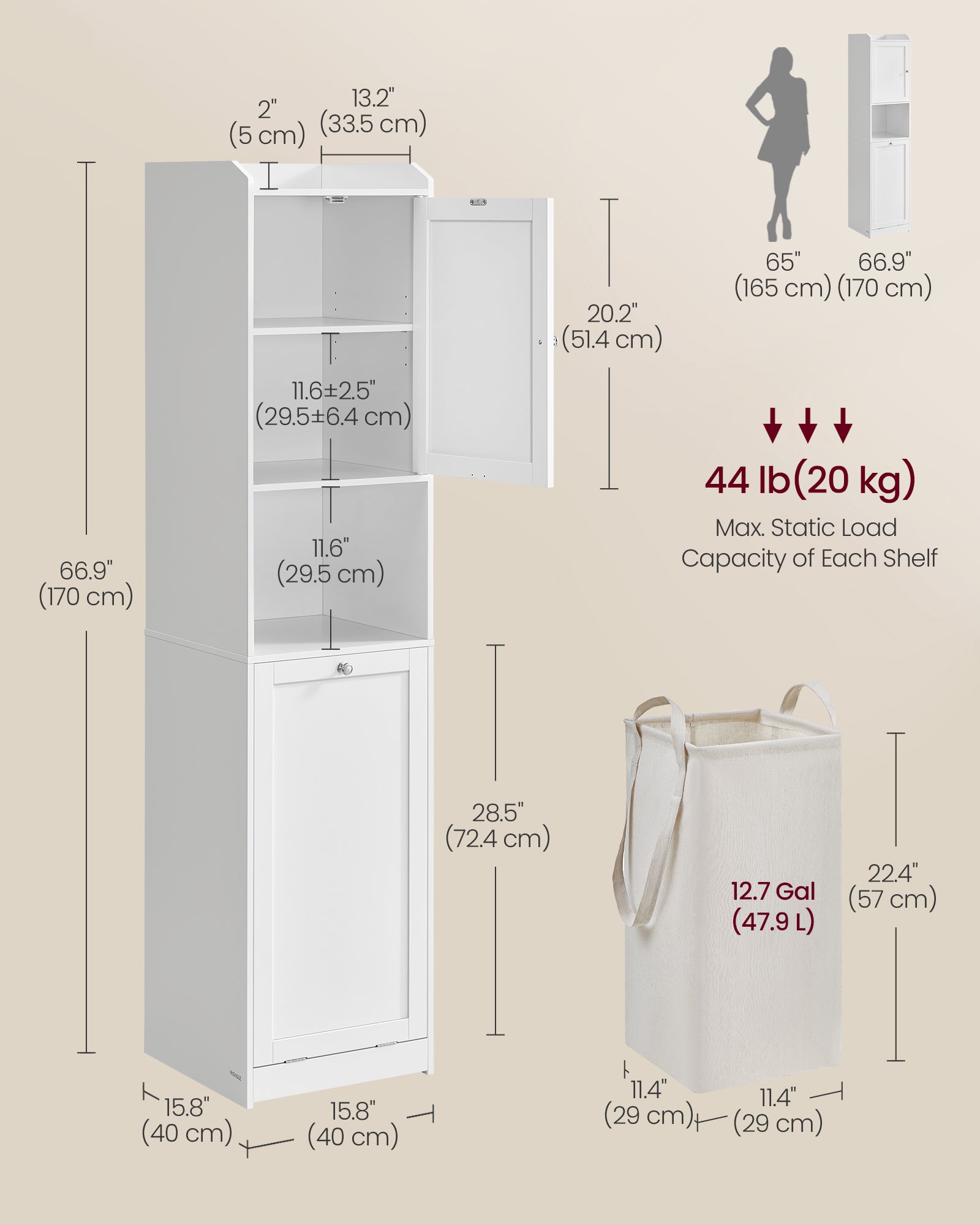 Tall Bathroom Cabinet, Laundry Hamper, Adjustable Shelf, Tilt-Out Compartment