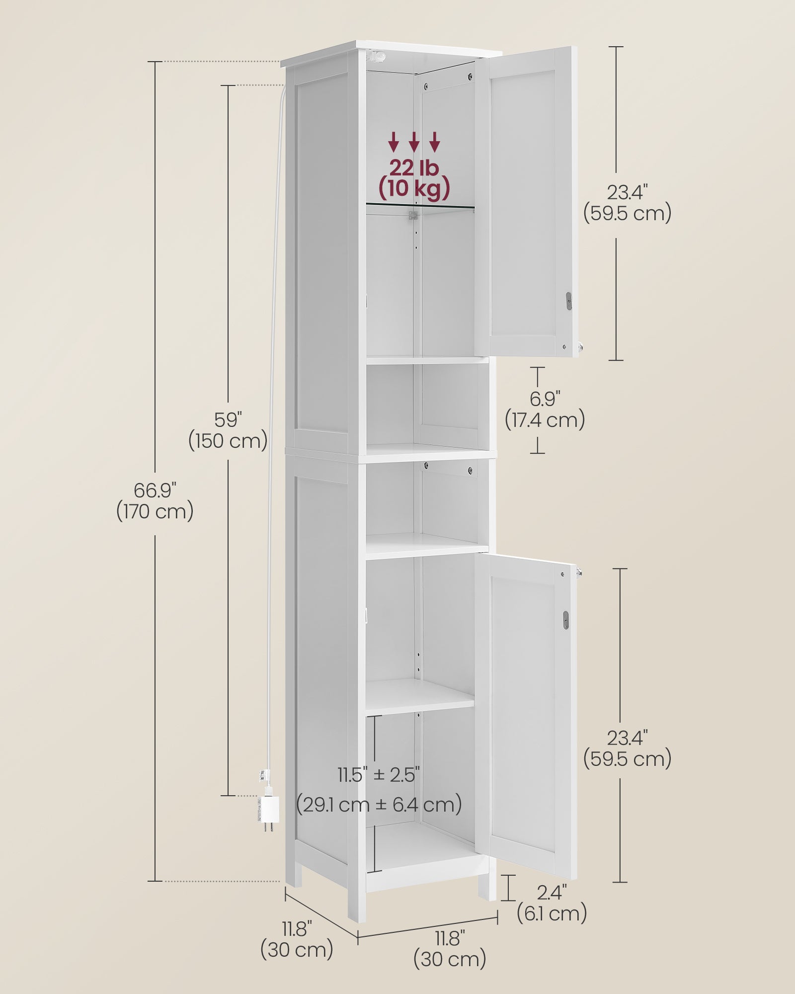 Tall Bathroom Cabinet with LED Lights – Slim Storage Unit – Adjustable Shelves
