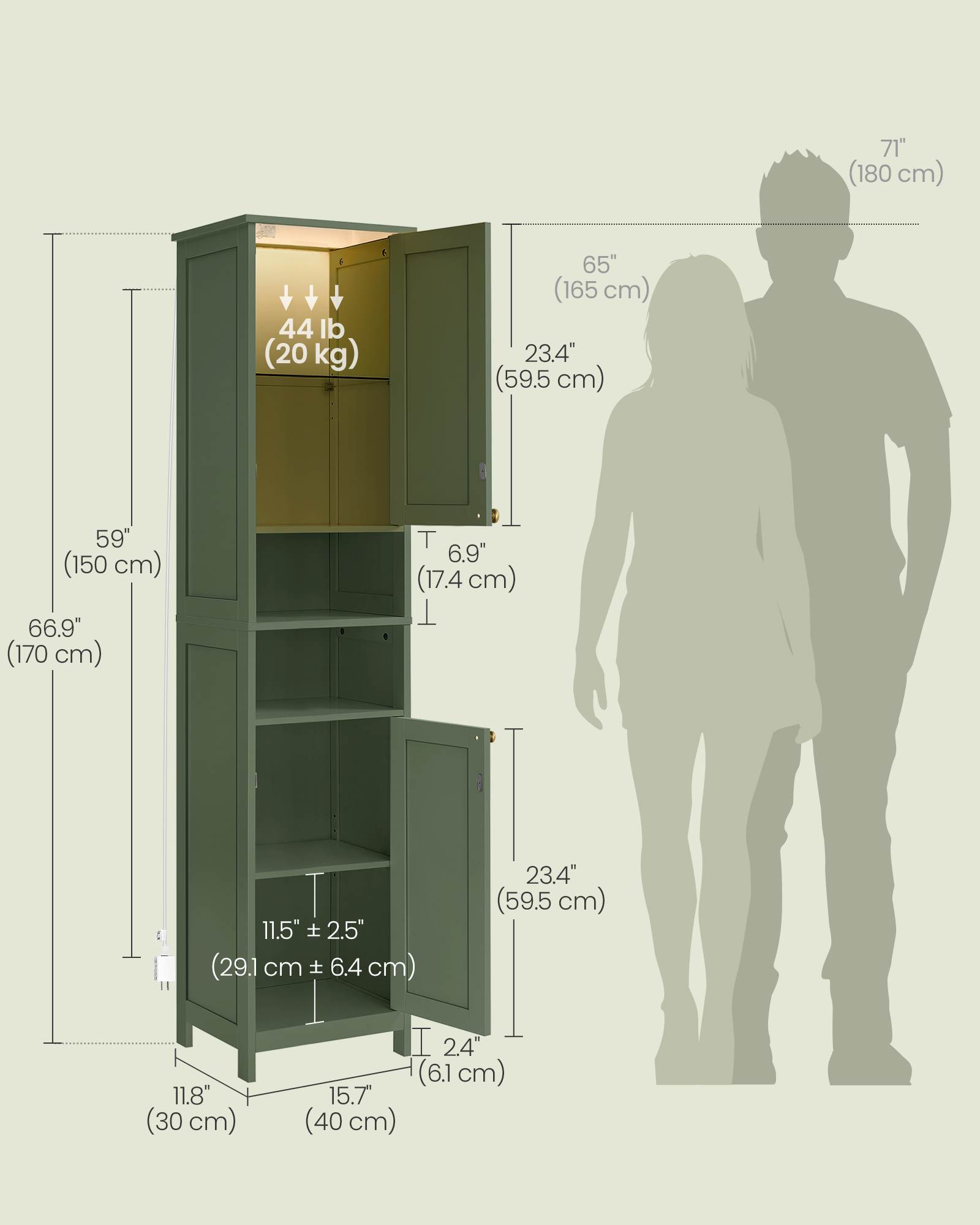 Tall Bathroom Cabinet with LED Lights – Slim Storage Unit – Adjustable Shelves
