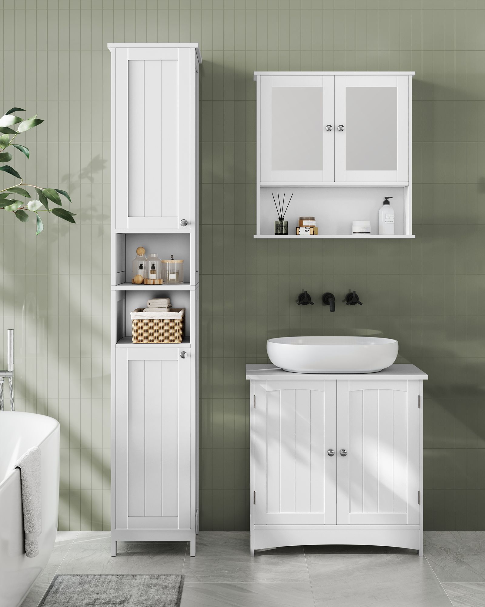 Tall Bathroom Cabinet with LED Lights – Slim Storage Unit – Adjustable Shelves