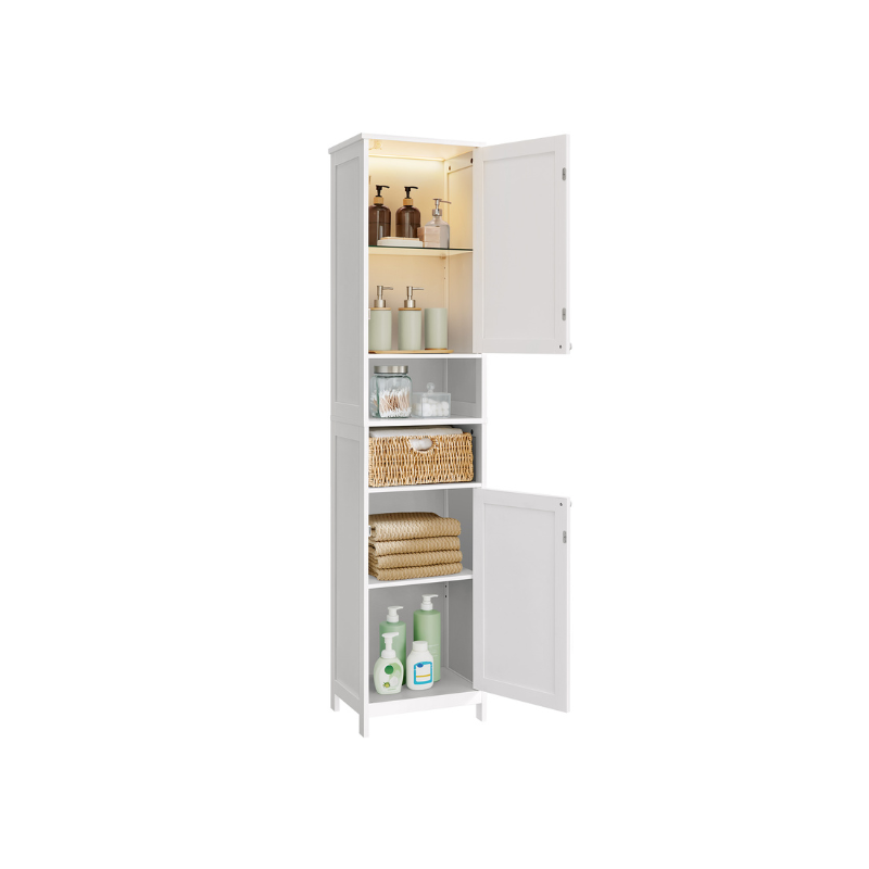 Tall Bathroom Cabinet with LED Lights – Slim Storage Unit – Adjustable Shelves