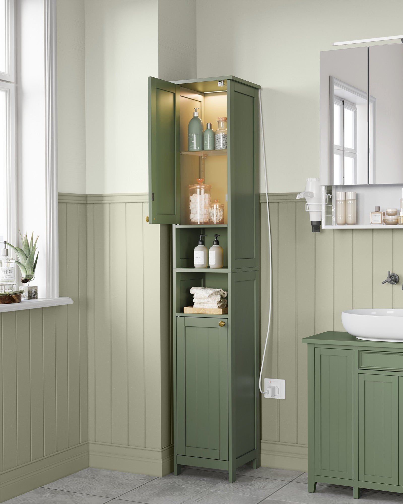 Tall Bathroom Cabinet with LED Lights – Slim Storage Unit – Adjustable Shelves