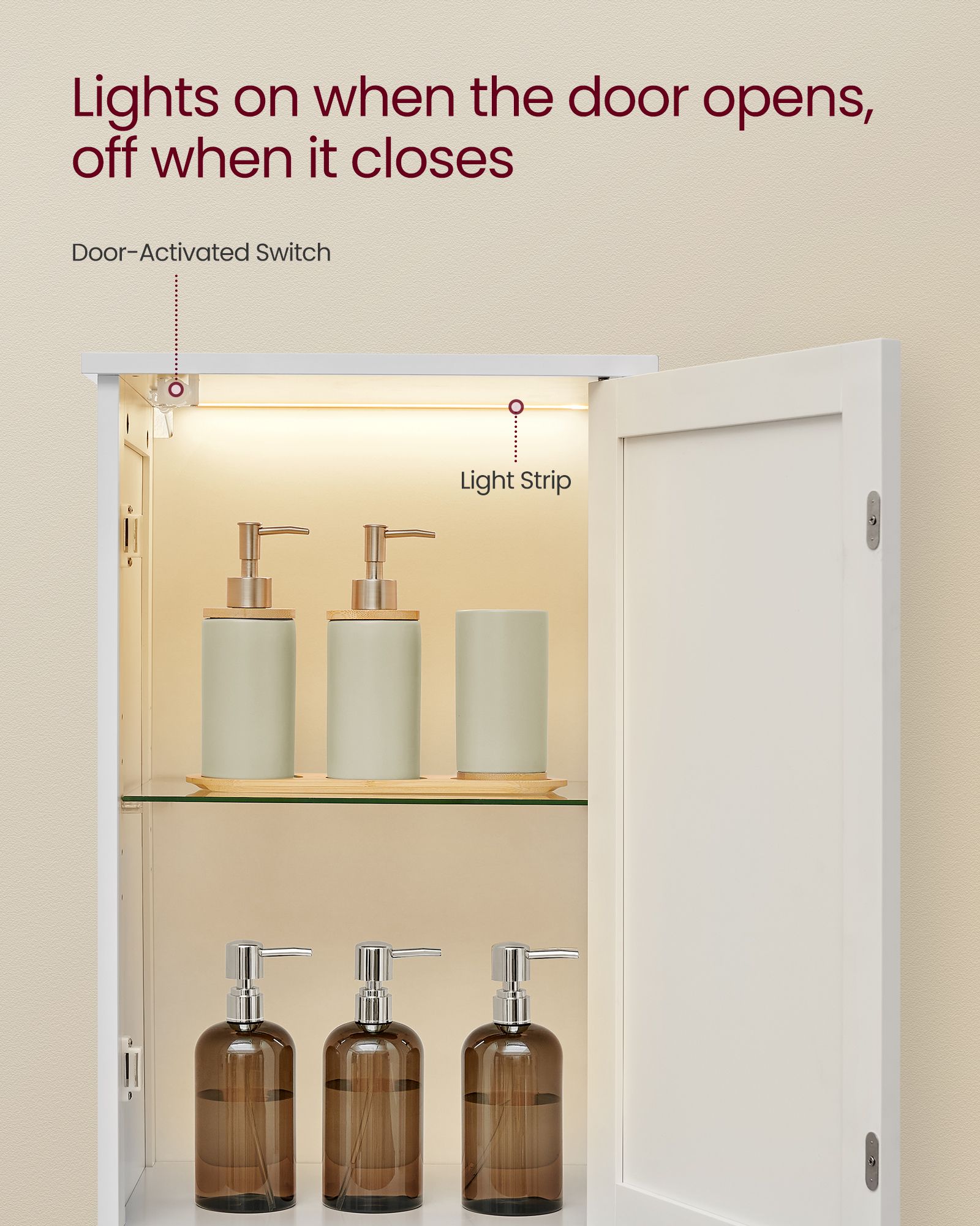 Tall Bathroom Cabinet with LED Lights – Slim Storage Unit – Adjustable Shelves