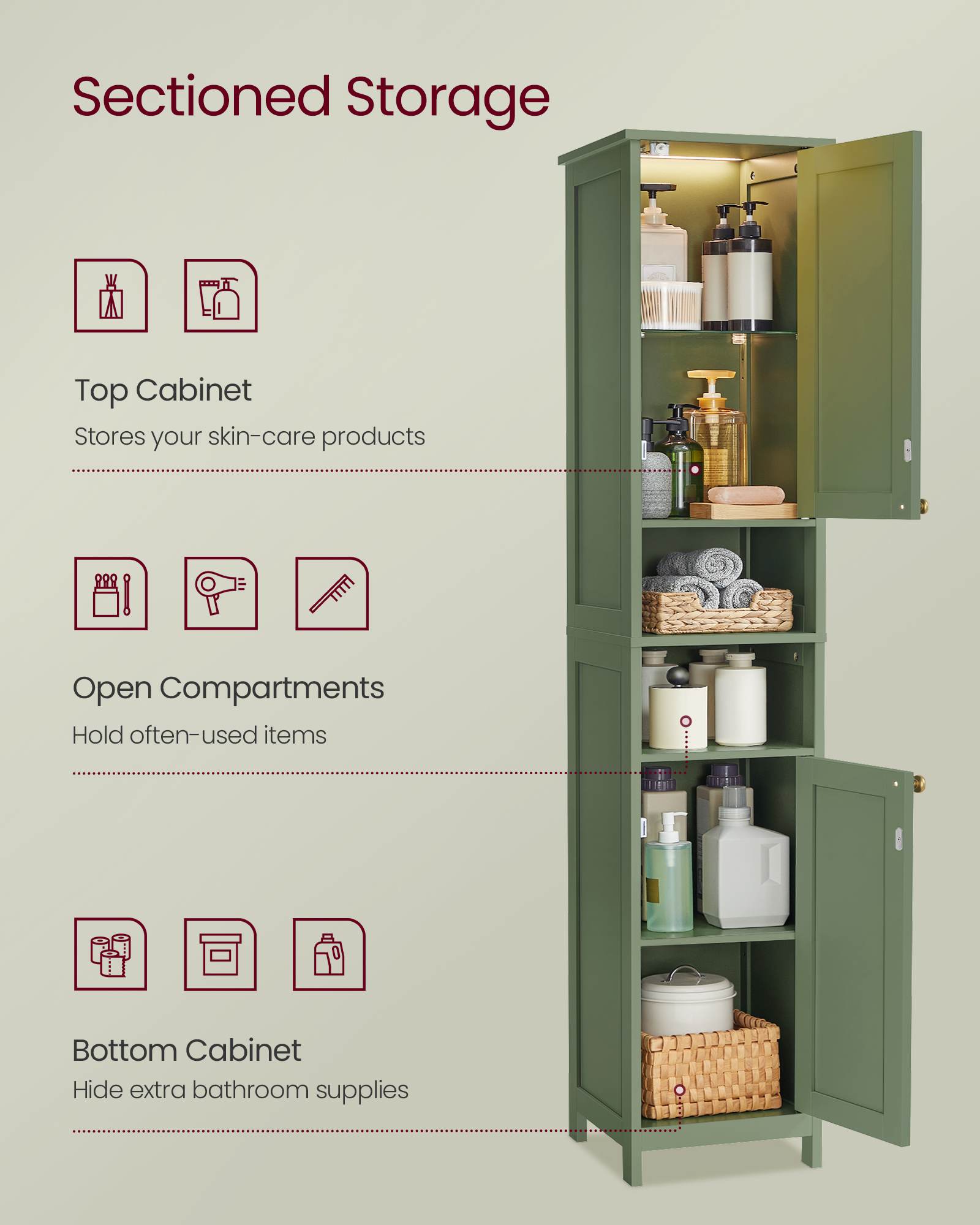 Tall Bathroom Cabinet with LED Lights – Slim Storage Unit – Adjustable Shelves