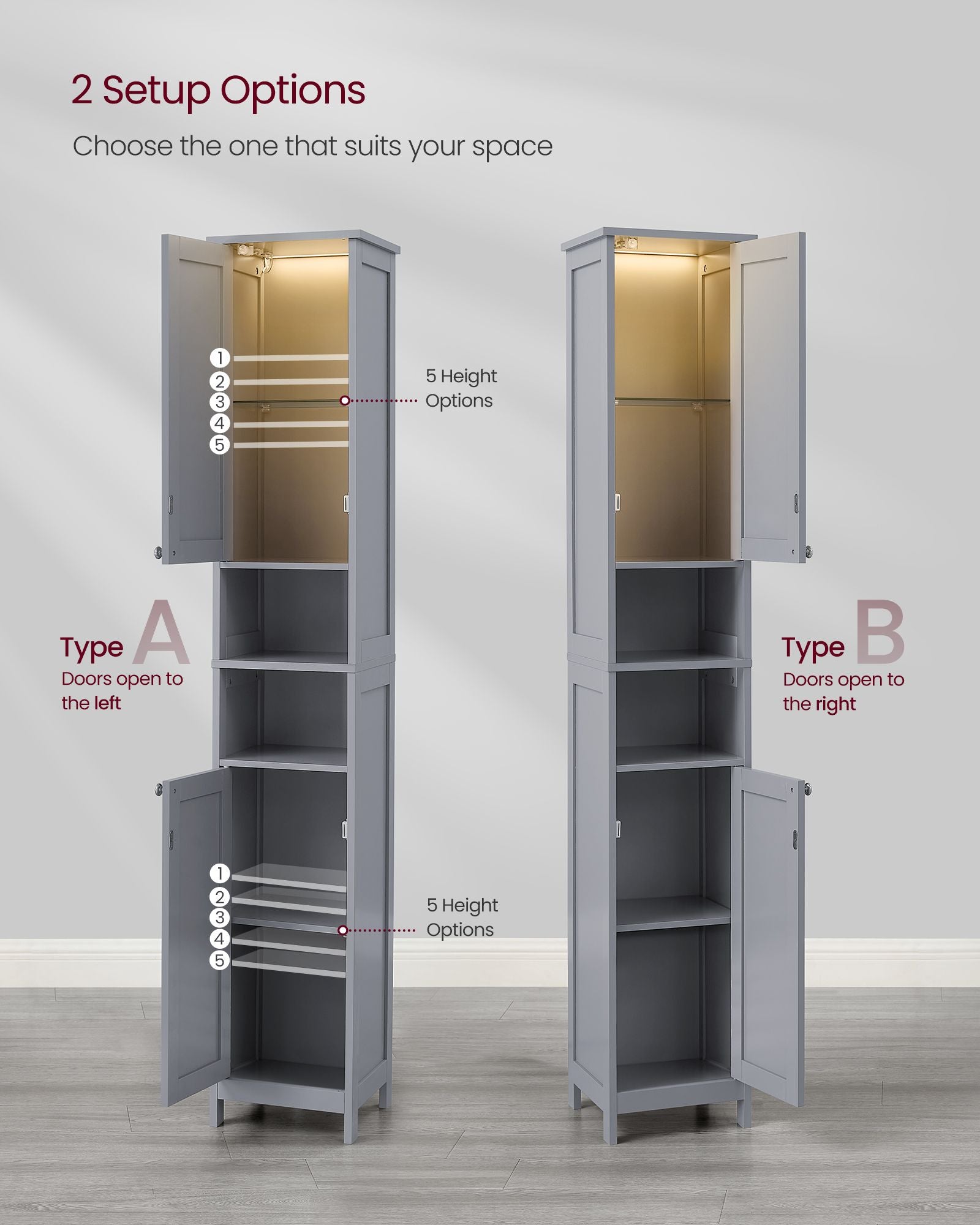 Tall Bathroom Cabinet with LED Lights – Slim Storage Unit – Adjustable Shelves