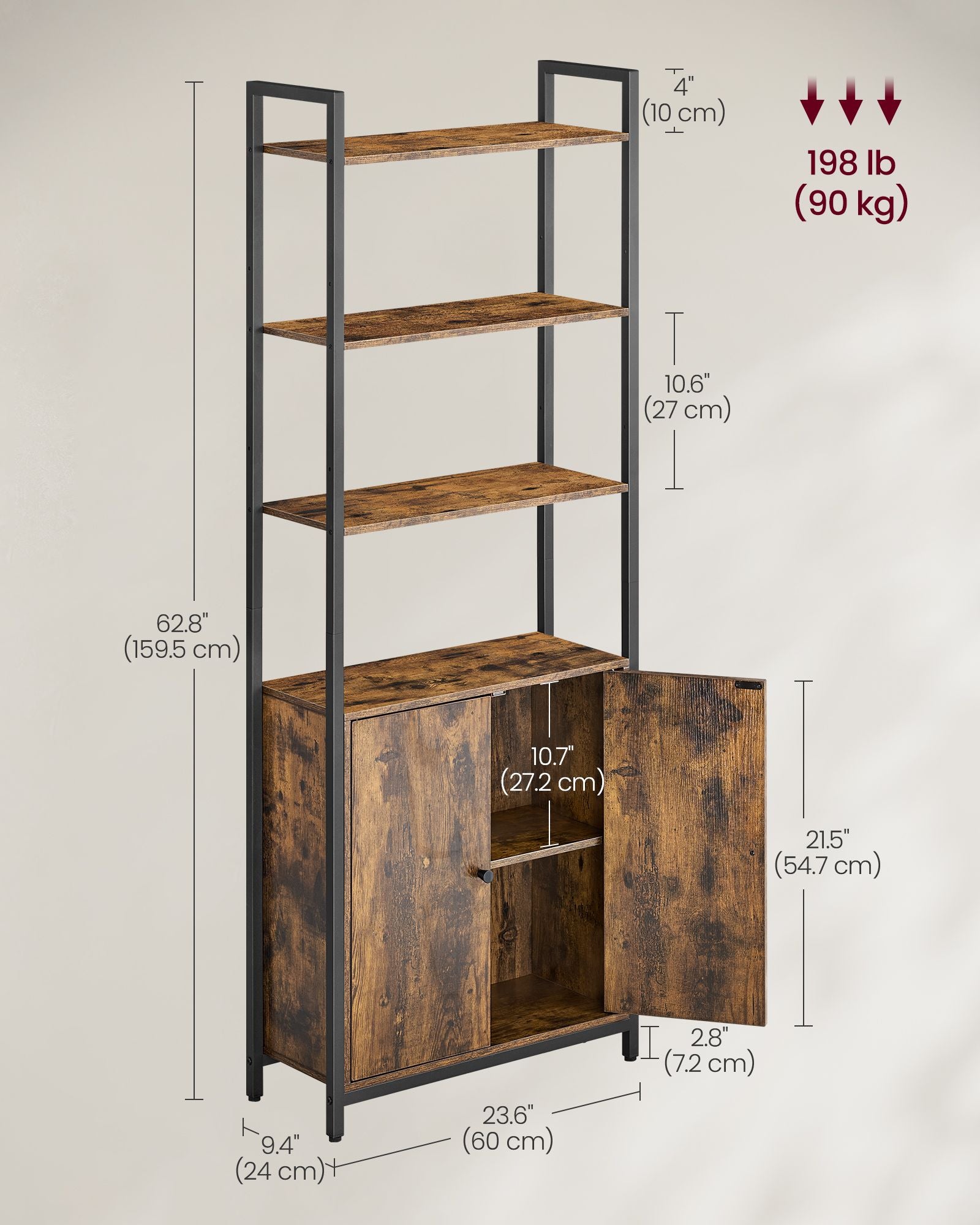 Tall Bookshelf with Cabinet – 62.8" High – Adjustable Shelves – Narrow or Wide Variants – Bookcase