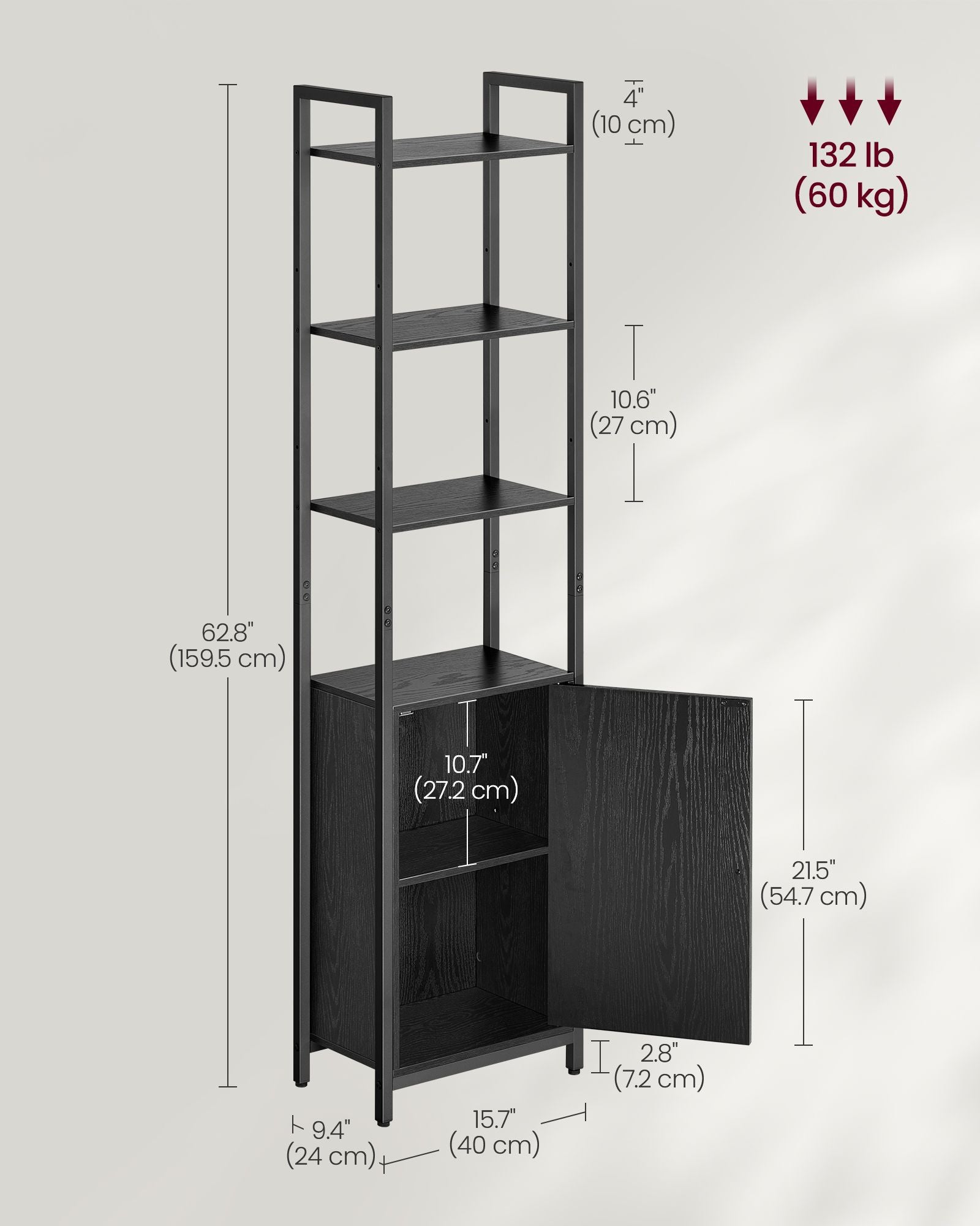 Tall Bookshelf with Cabinet – 62.8" High – Adjustable Shelves – Narrow or Wide Variants – Bookcase