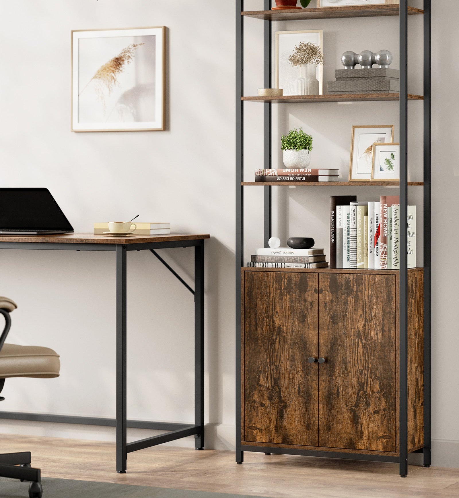 Tall Bookshelf with Cabinet – 62.8" High – Adjustable Shelves – Narrow or Wide Variants – Bookcase