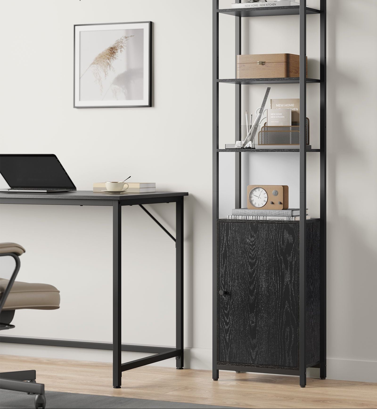 Tall Bookshelf with Cabinet – 62.8" High – Adjustable Shelves – Narrow or Wide Variants – Bookcase