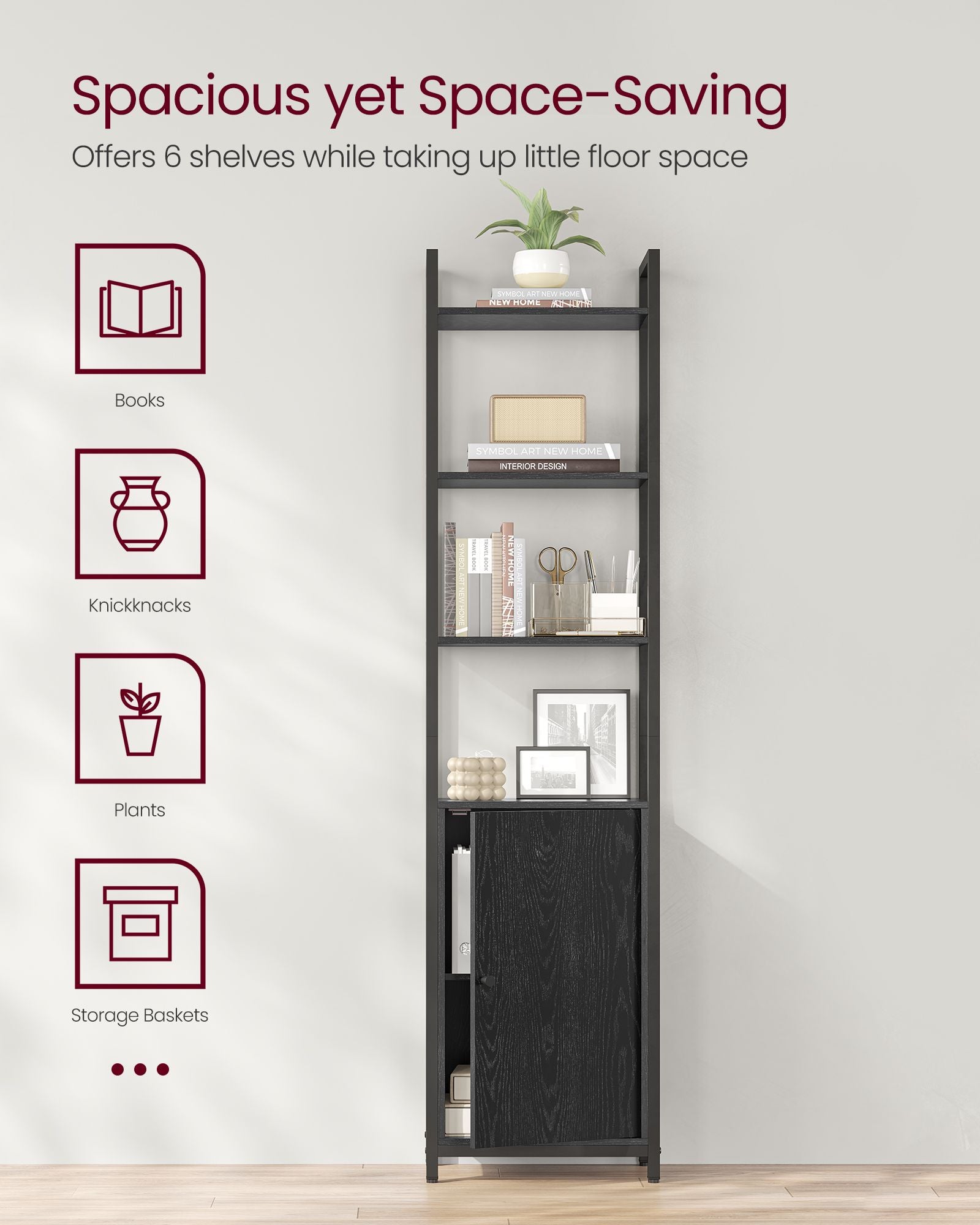 Tall Bookshelf with Cabinet – 62.8" High – Adjustable Shelves – Narrow or Wide Variants – Bookcase