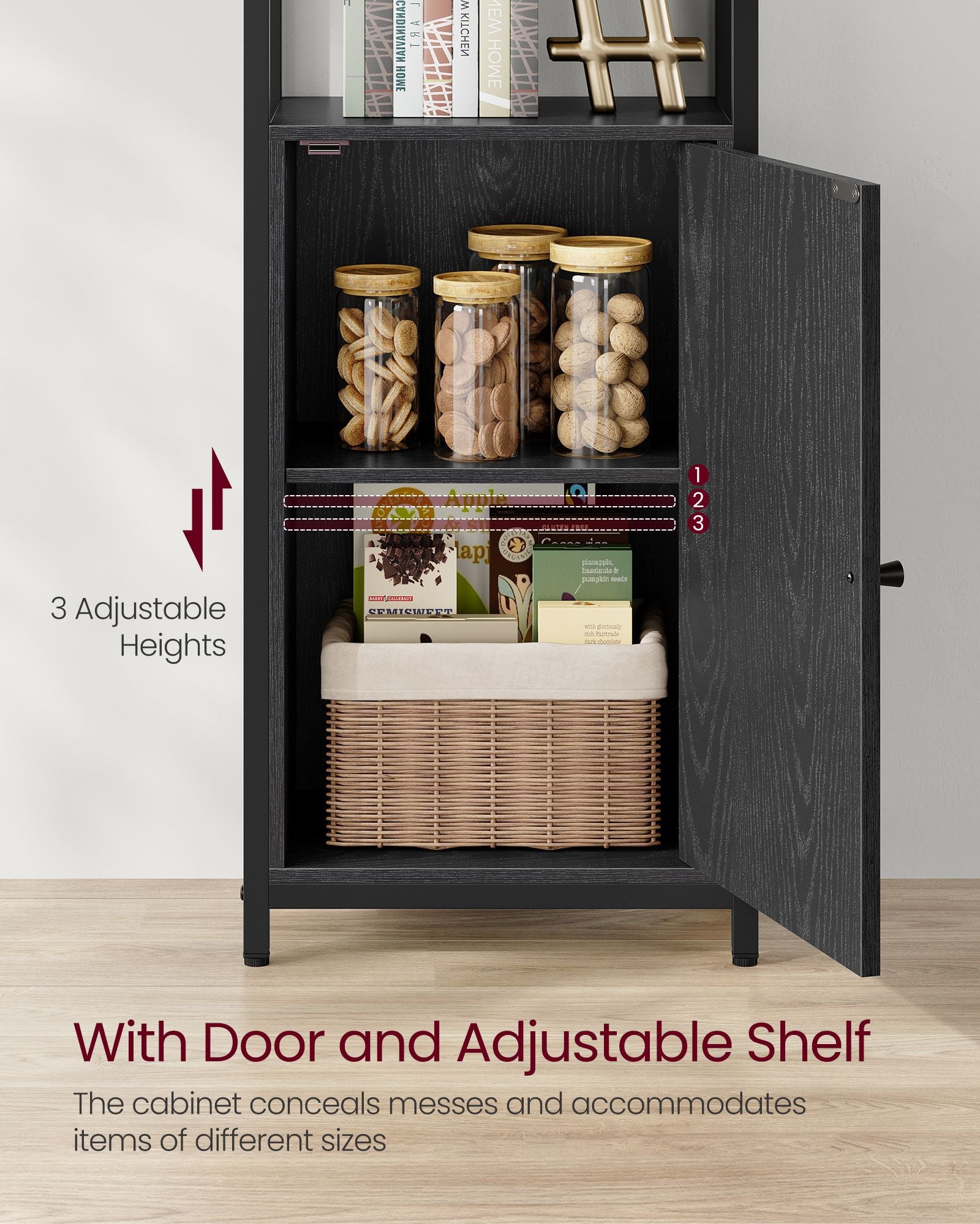 Tall Bookshelf with Cabinet – 62.8" High – Adjustable Shelves – Narrow or Wide Variants – Bookcase